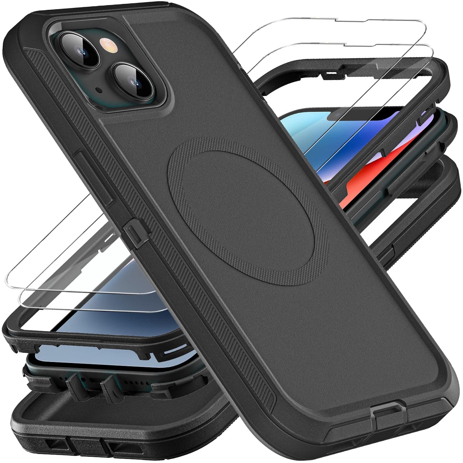 YKHJKLEC for iPhone 13 Case/iPhone 14 Case, Compatible with Magsafe, 3 in 1 Heavy Duty Shockproof/Drop Proof/Dust Proof Case with 2Pcs Tempered Glass Screen Protector (New-Black/Black)