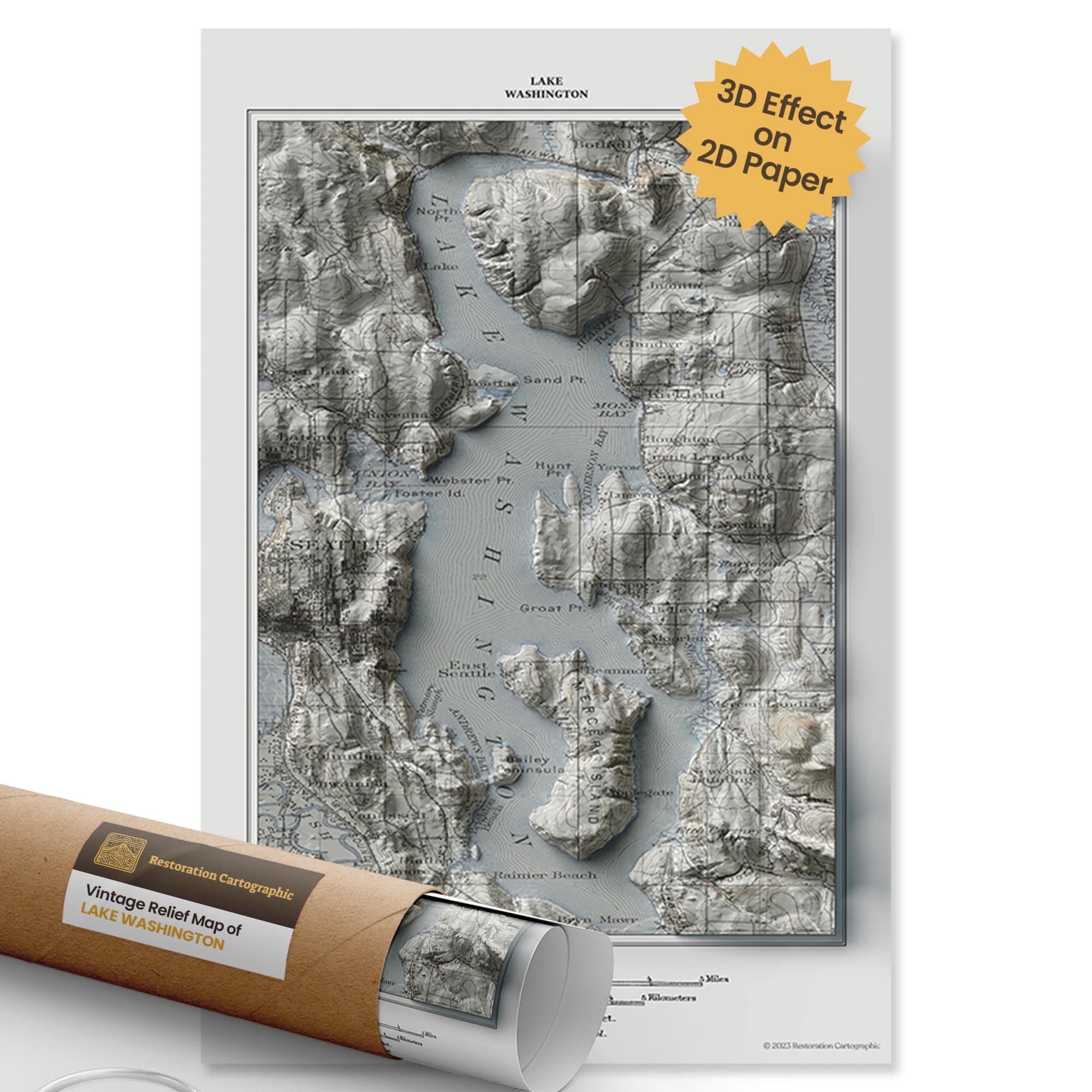 Restoration Cartographic Wall Map of Lake Washington Vintage Shaded Relief Print, 2D Topographic Wall Art for the Home or Office, Lakes Maps, 20 x 30 Inches, Made in USA