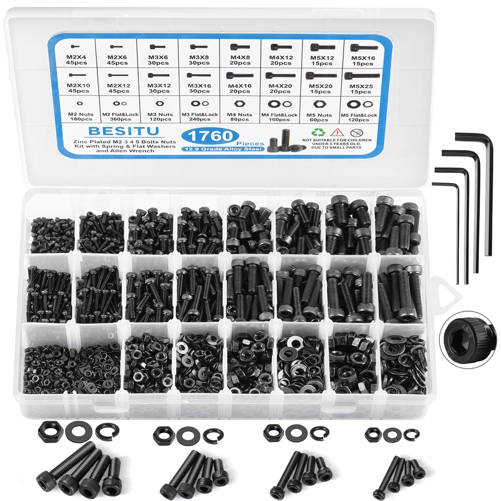 Besitu 1760pcs M2 M3 M4 M5 Metric Screw Assortment, Grade 12.9 Alloy Steel Hex Socket Head Cap Metric Bolts and Nuts Kit, Black Zinc Plated Metric Screw Set with 4 pcs Hex Wrenches