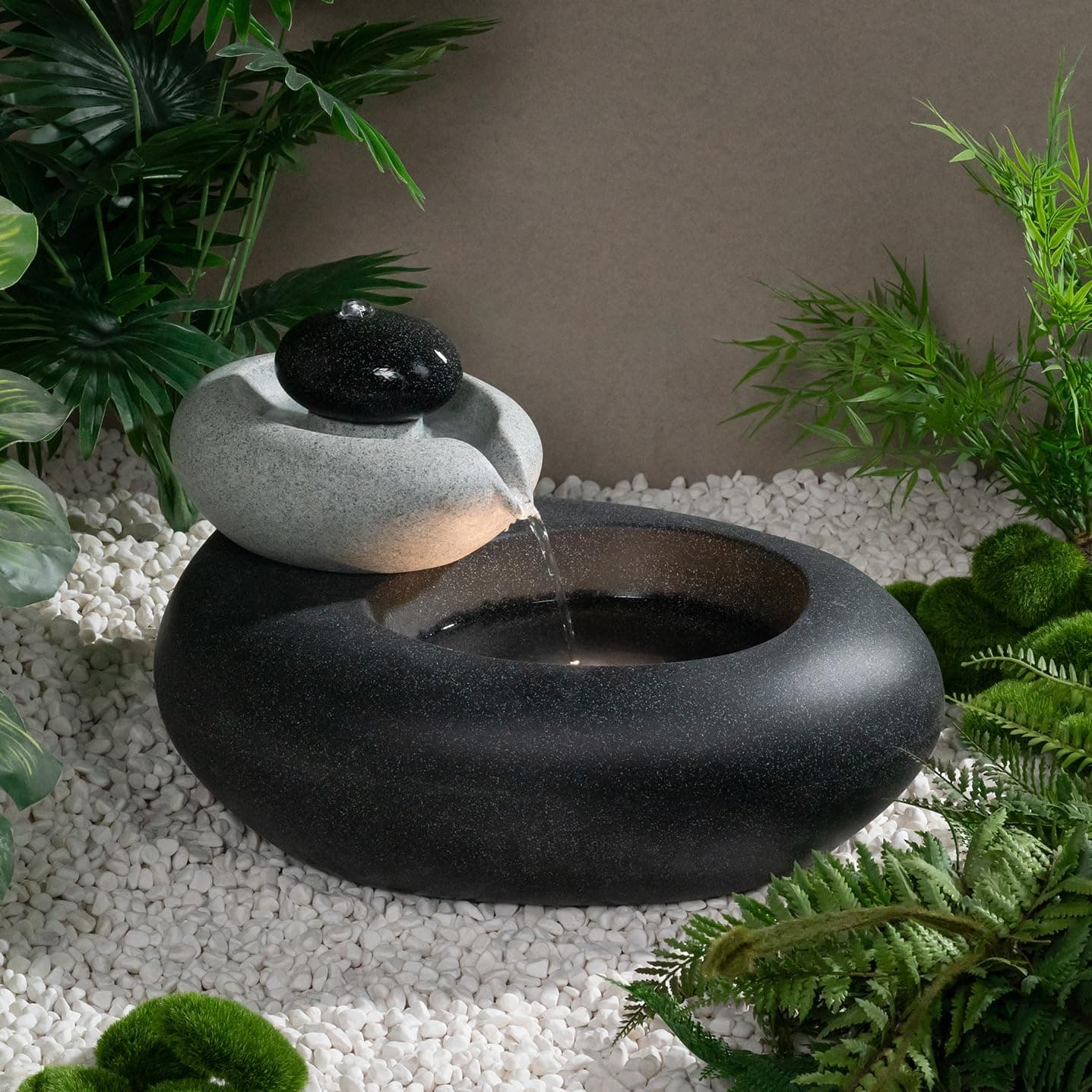 Puulye 13.39" H Outdoor Water Fountain Made with Eco-Friendly Recyclable Materials, Polyethylene Rock Waterfall Outdoor Fountain, Garden Decor with LED Light & Pump for Patio, Backyard (13.39")