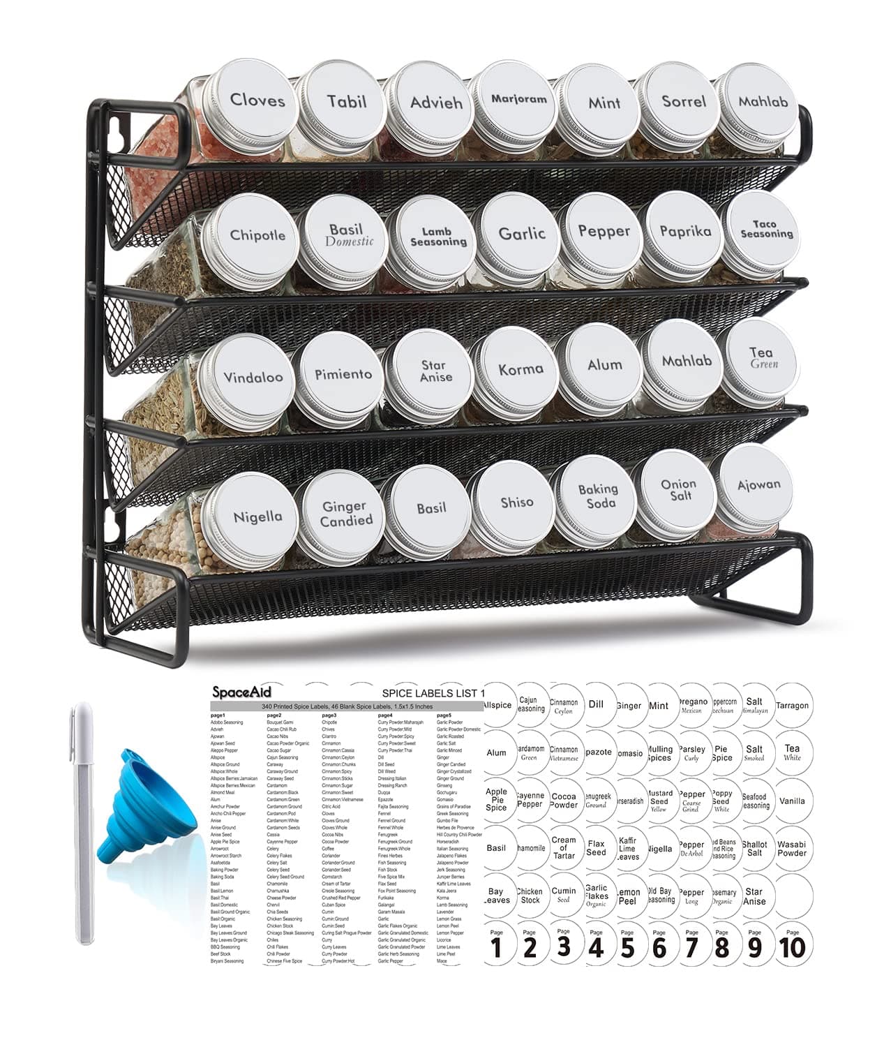 SpaceAid Spice Rack Organizer with 28 Spice Jars, 386 Spice Labels, Chalk Marker and Funnel Set for Cabinet, Countertop, Pantry, Cupboard or Door & Wall Mount - 28 Jars, 13.4" W × 10.8" H, White