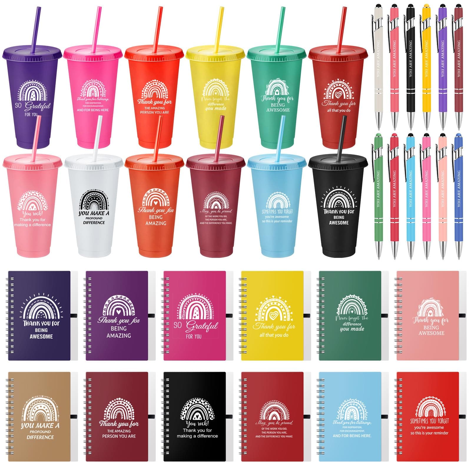 Shellwei 36 Pcs Employee Appreciation Gifts 24 oz Thank You Cups Bulk with Lids and Straws Inspirational Spiral Notebooks and Pens Plastic Reusable Cups for Housekeeping Week Christmas