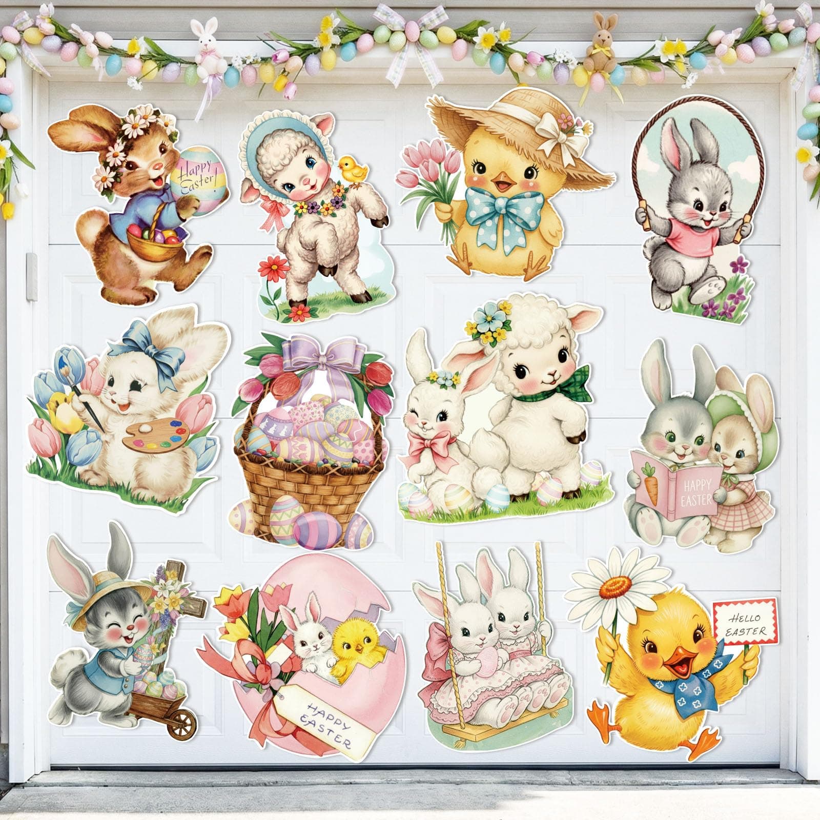 ForraFun 12 Pack Vintage Easter Magnets Large Rustic Watercolor Bunny Rabbit Chick Egg Happy Easter Garage Door Decoration Holiday Fridge Magnet Decals for Car Mailbox Metal Door Kitchen Cabinet Decor