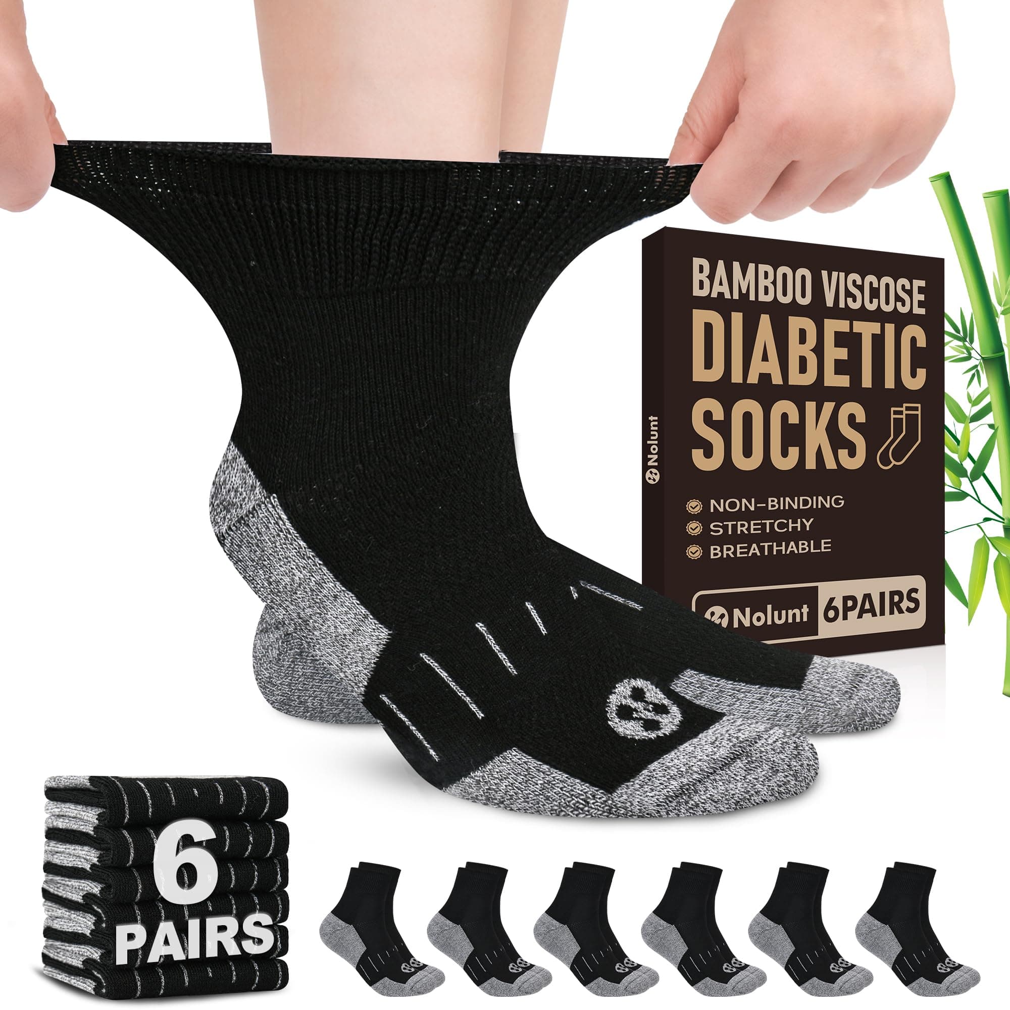 NOLUNT Womens Diabetic Socks,6 Pairs Wide Bamboo Viscose Non Binding Soft Socks Size 9-11 10-13(Black-Medium)