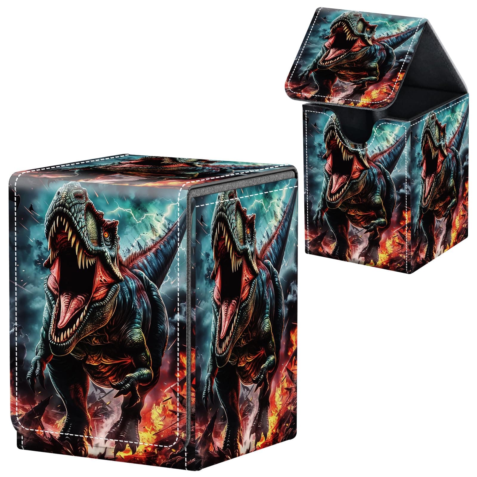 Decahouy Commander Deck Box for MTG, Premium Leather, Magnetic Closure, Fits 100+ Single Sleeved Cards, Howling Dinosaur