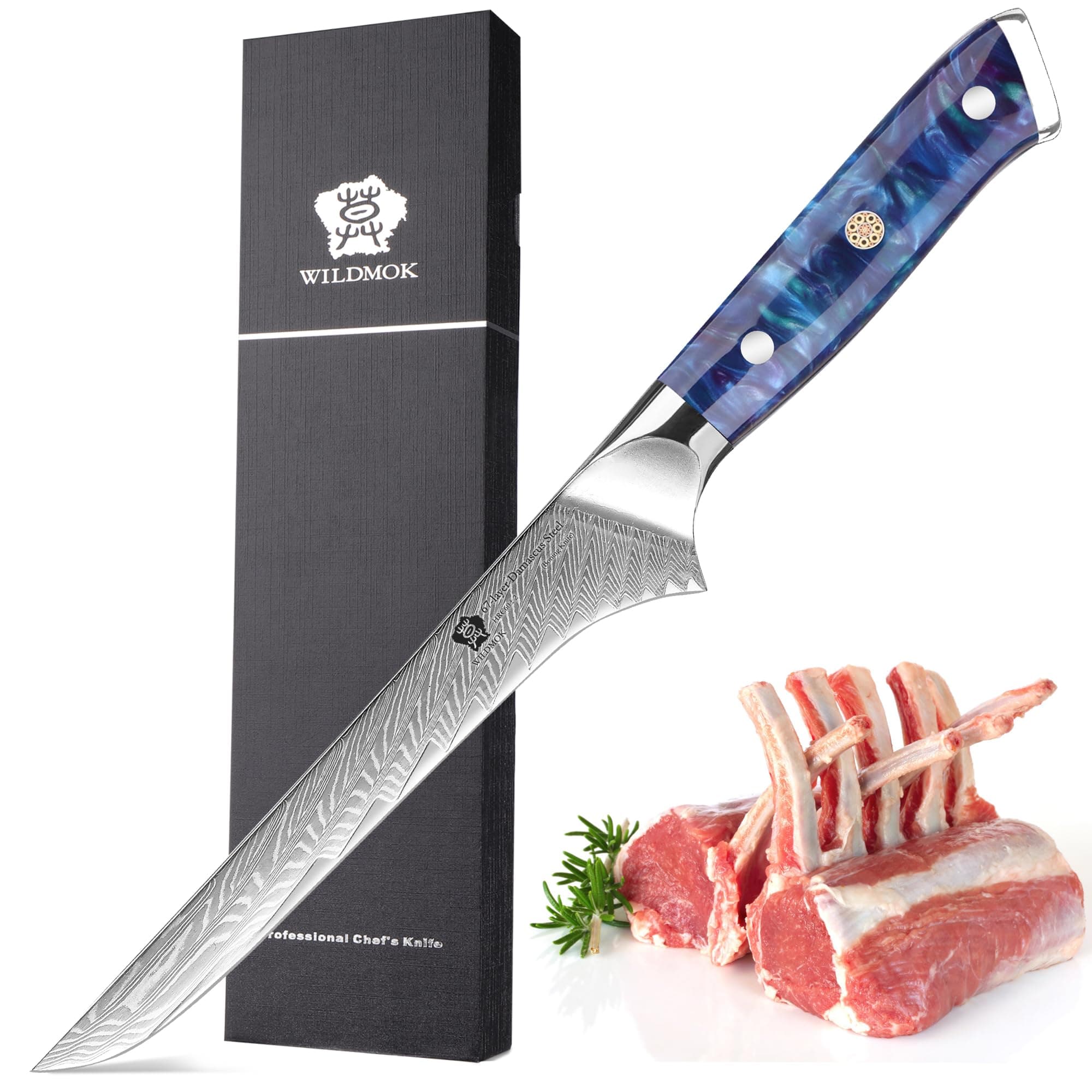 WILDMOK Damascus Boning Knife, 7 inch Super Sharp Fillet Knife, Japanese Damascus Steel Boning Knife, Full Tang Resin Handle Includes Gift Box