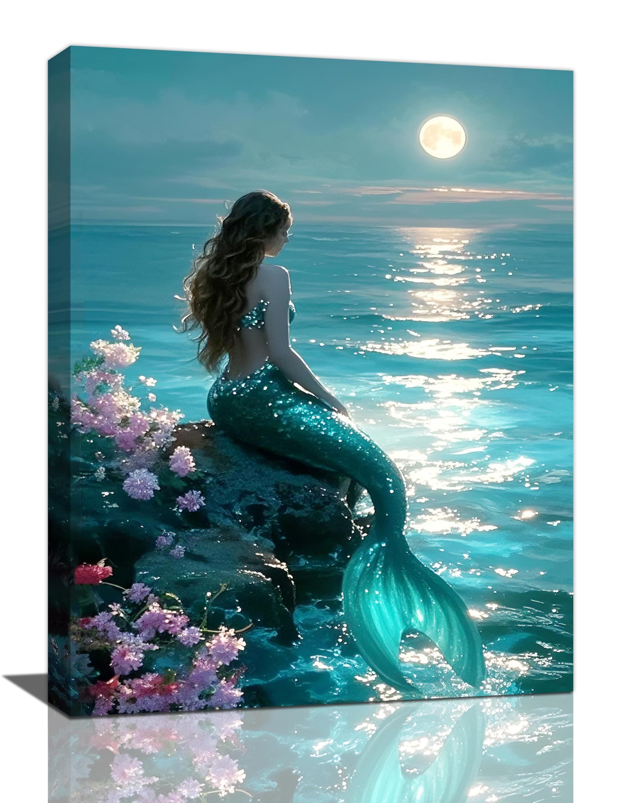 Mermaid Bathroom Canvas Wall Art Ocean Coastal Moonlight Mermaid Pictures Wall Decor Modern Home Painting Prints Framed Artwork Decorations Gifts for Women Girls Room Bedroom Living Room 12"x16"