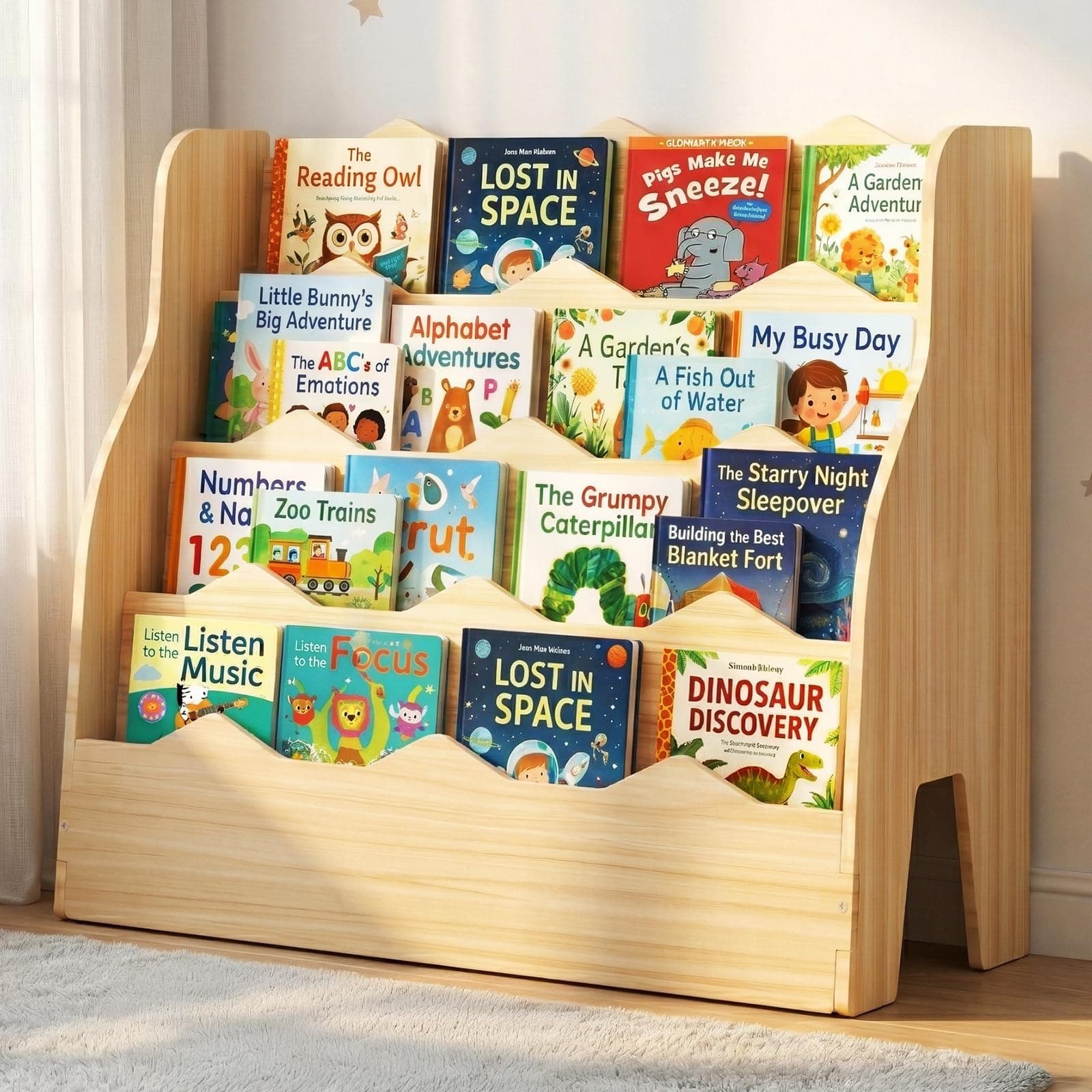 Kids Bookshelf Montessori Wooden Bookcase 4 Tier Front-Facing Organizer
