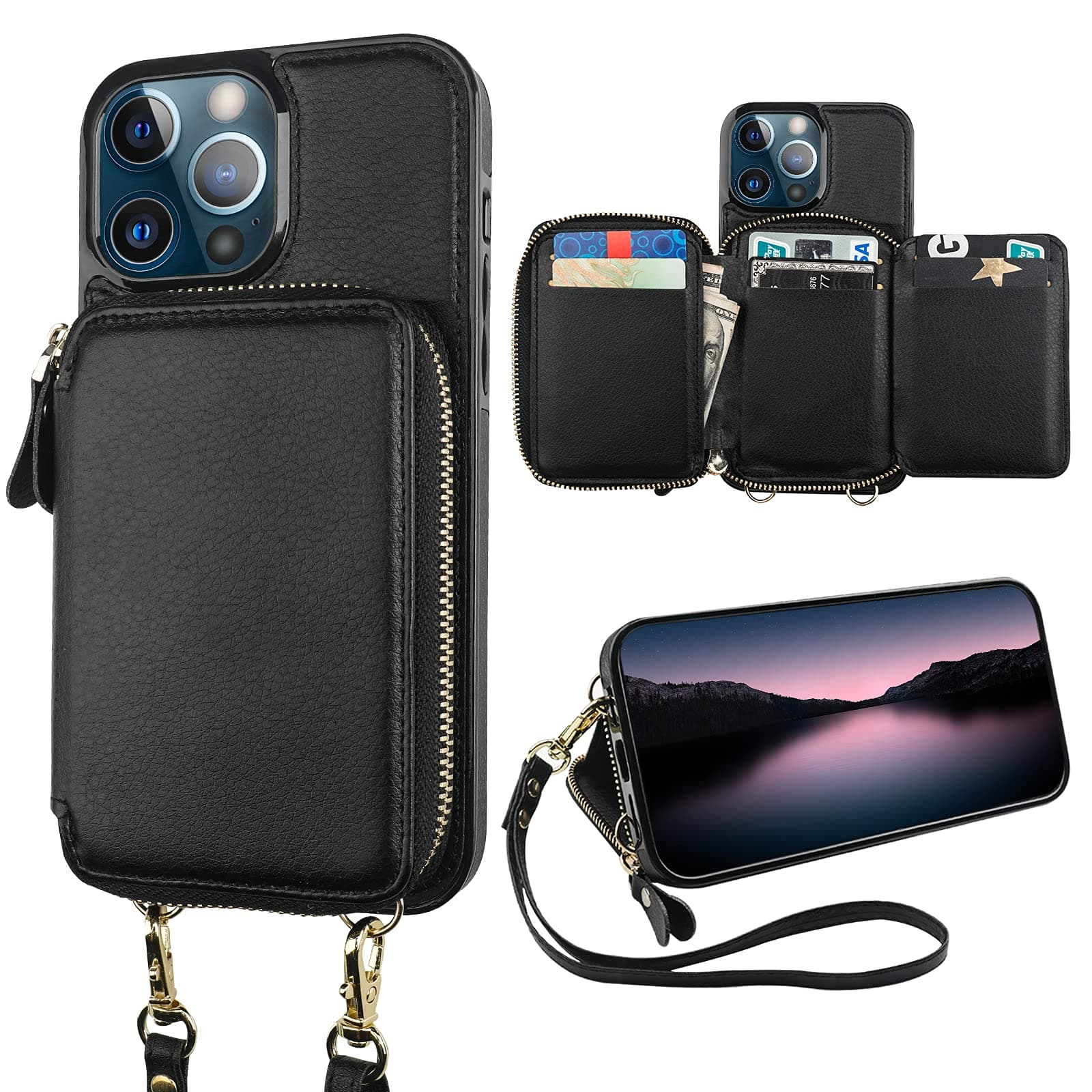 Bocasal RFID Blocking Crossbody Wallet Case for iPhone 13 Pro Max Black