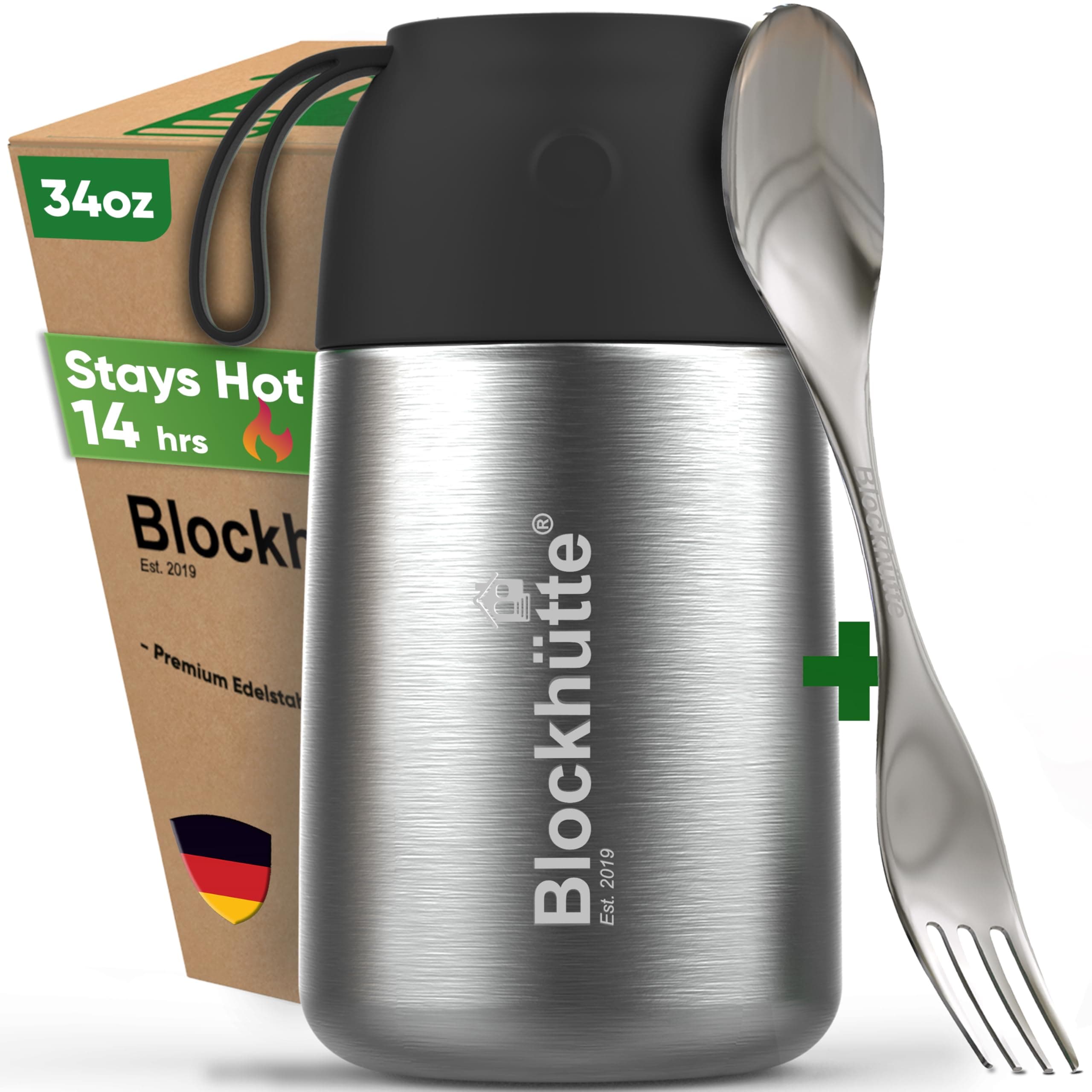 Blockhütte Insulated Food Jar 34oz – Large Vacuum Insulated Stainless Steel Thermos Food Container | 14h Hot & 19h Cold | Leak-Proof Wide Mouth Thermos for Hot Food with Spork & Brush | BPA-Free