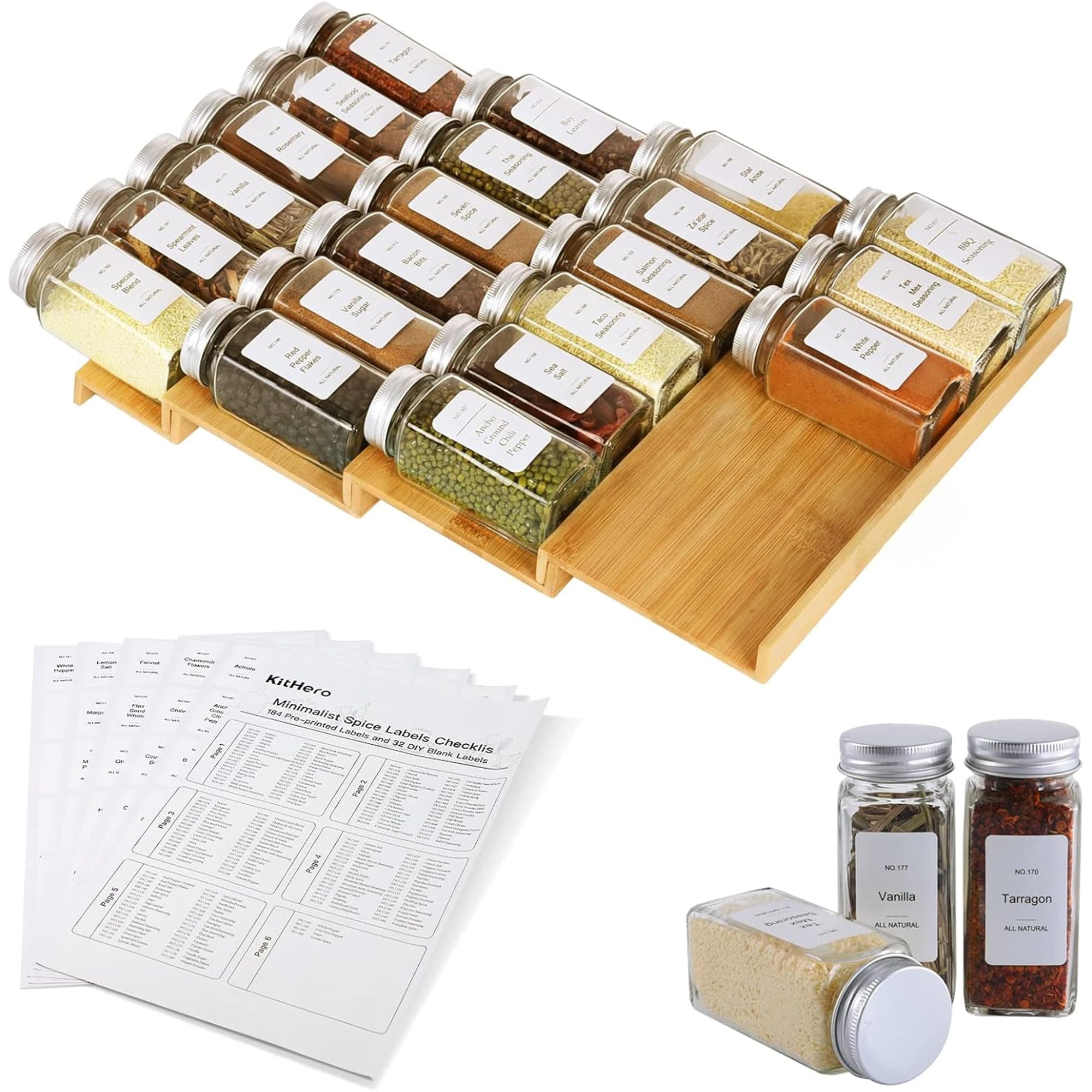 KitHero Spice Drawer Organizer with 24 Spice Jars,216 Labels,25 Non-slip Rubber, Bamboo 4 Tier Seasoning Rack Tray Insert for Kitchen Drawers,Cabinets,Countertop,11" Wide x 15.8" Deep