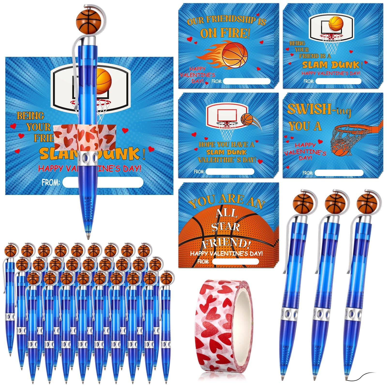 Epakh 28 Set Basketball Pens Party Favors Sports Ballpoint Pen with Heart Tape for Exchange Gifts Valentine's Day Gift Include Valentines Day Cards for Friends Office Supplies (Blue Card,Blue)