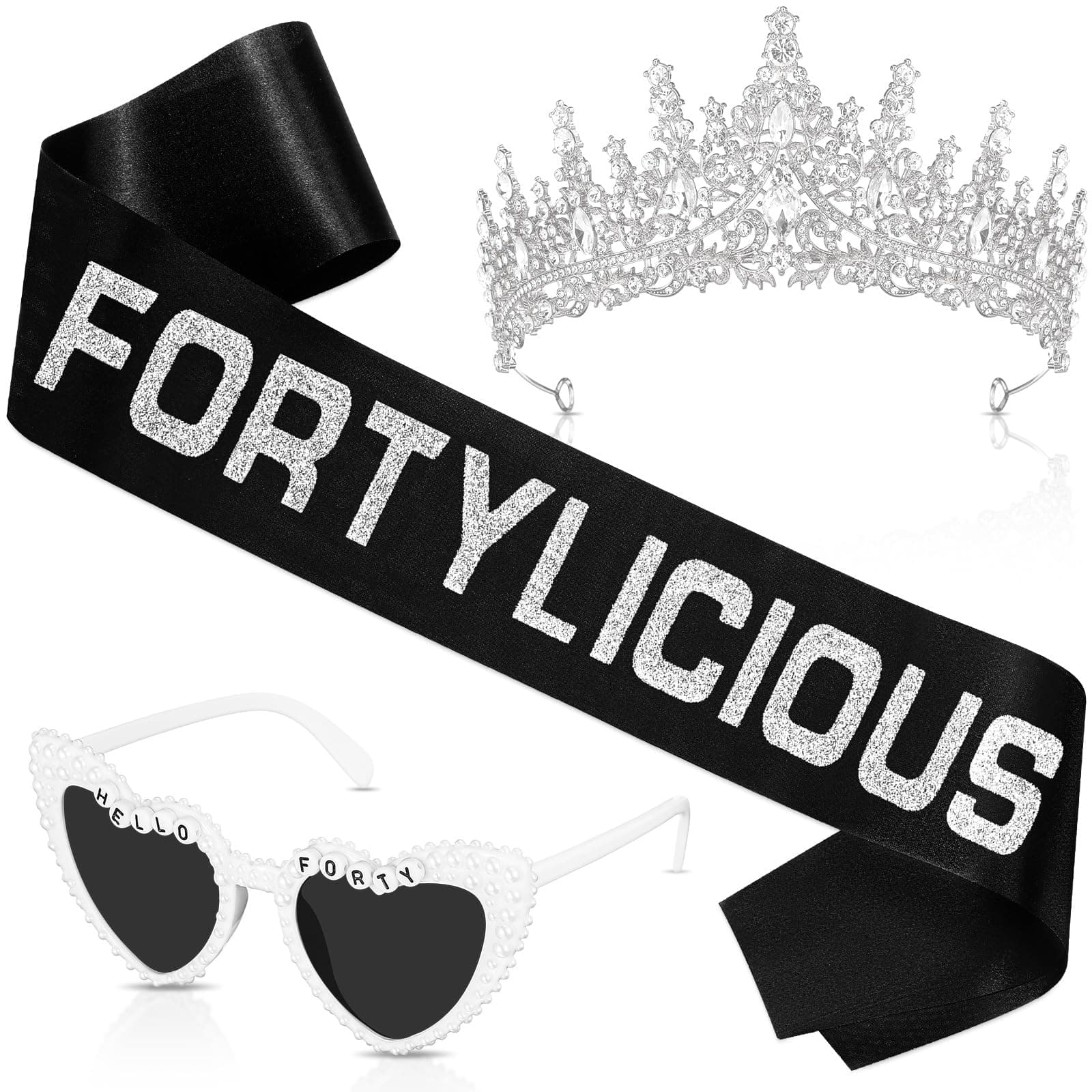 Daifunli 3 Pcs 40th Birthday Decorations for Women, White 40th Birthday Crown Tiara Hello Forty Sunglasses Fortylicious Sash