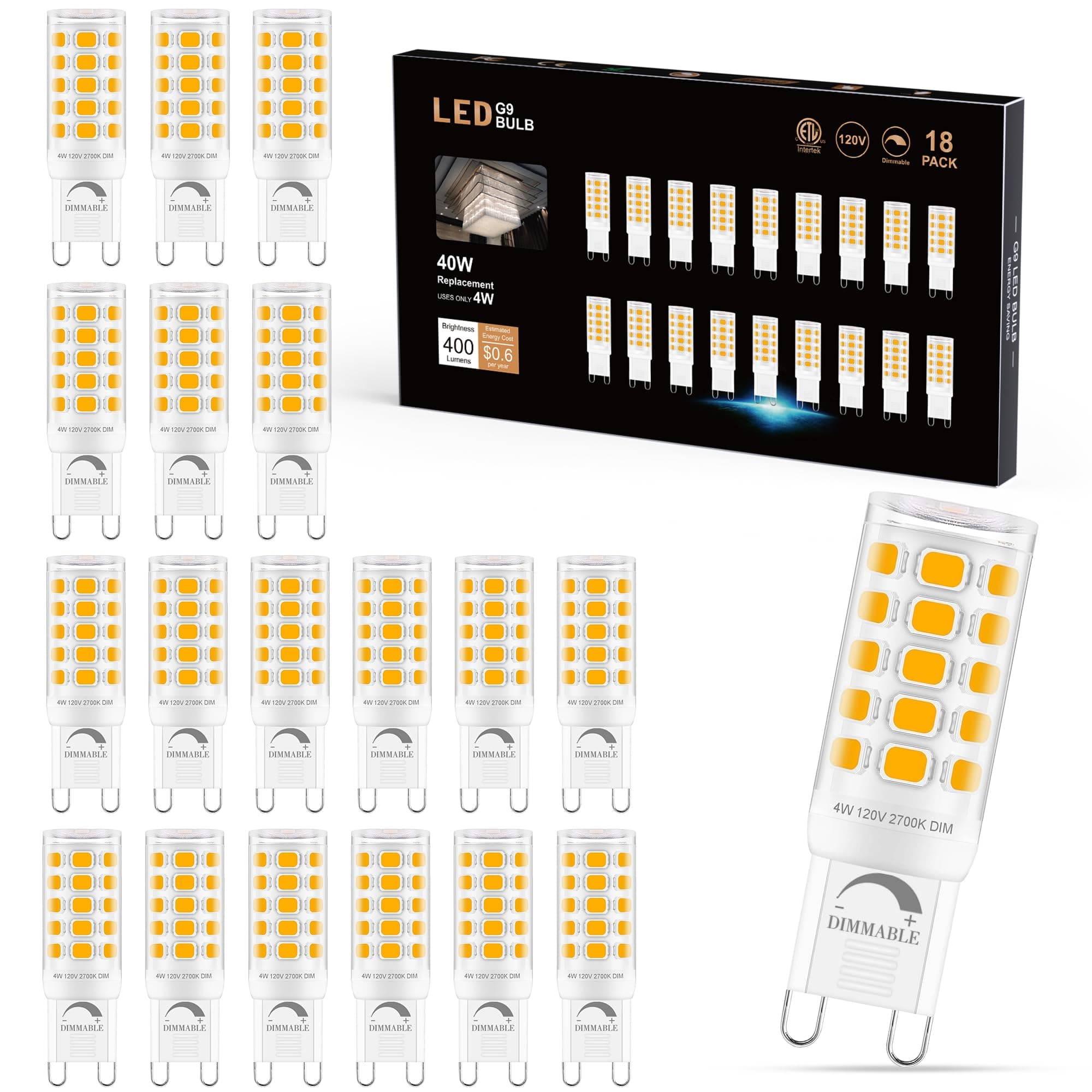 Sailstar G9 LED Bulb Dimmable 2700K Soft Warm White 18 Pack, T4 G9 4W Replacement for 40 Watts Halogen, Ceramic Bi Pin Base, 120V 400 Lumen 360°Beam Angle, G9 Light Bulbs for Chandelier