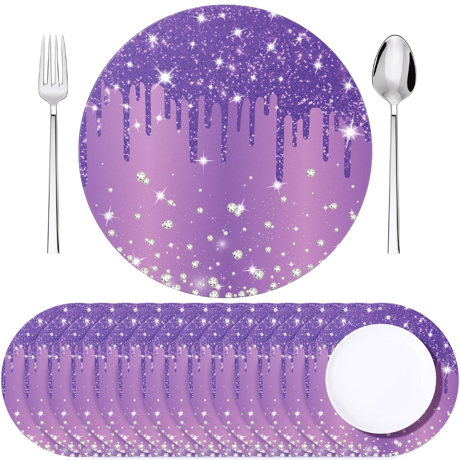 Dispowreath 120 Pieces Purple Placemats 13 Inch Glitter Diamonds Round Disposable Table Mats Decorative Paper Mats for Dining Wedding Birthday Purple Glitter Banquet Party