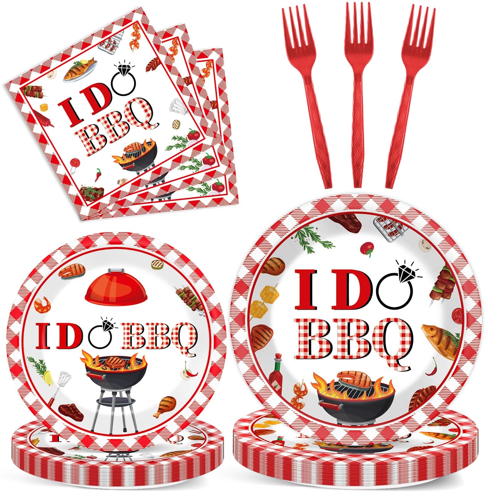 Wiooffen 96 Pcs BBQ Bachelorette Party Plates Napkins Tableware Set I Do BBQ Party Supplies Disposable Red and White I Do Dinnerware for Summer Wedding Engagement Bridal Shower Supplies, 24 Guests