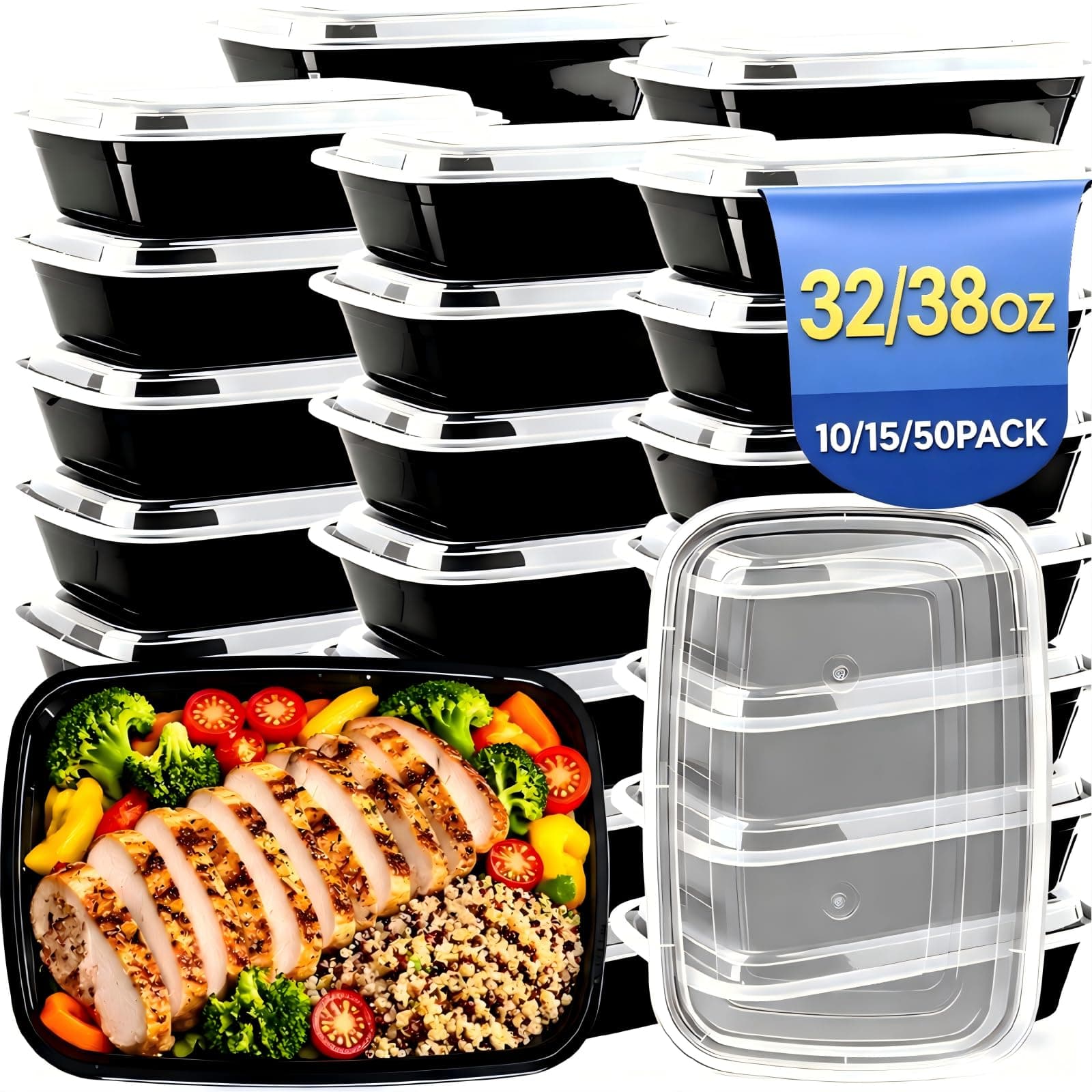 15 Pack 32oz Meal Prep Containers Reusable BPA-Free, Food Storage Take Out Containers with Lids, Leakproof Plastic to Go Food Containers, Microwave Freezer Dishwasher Safe
