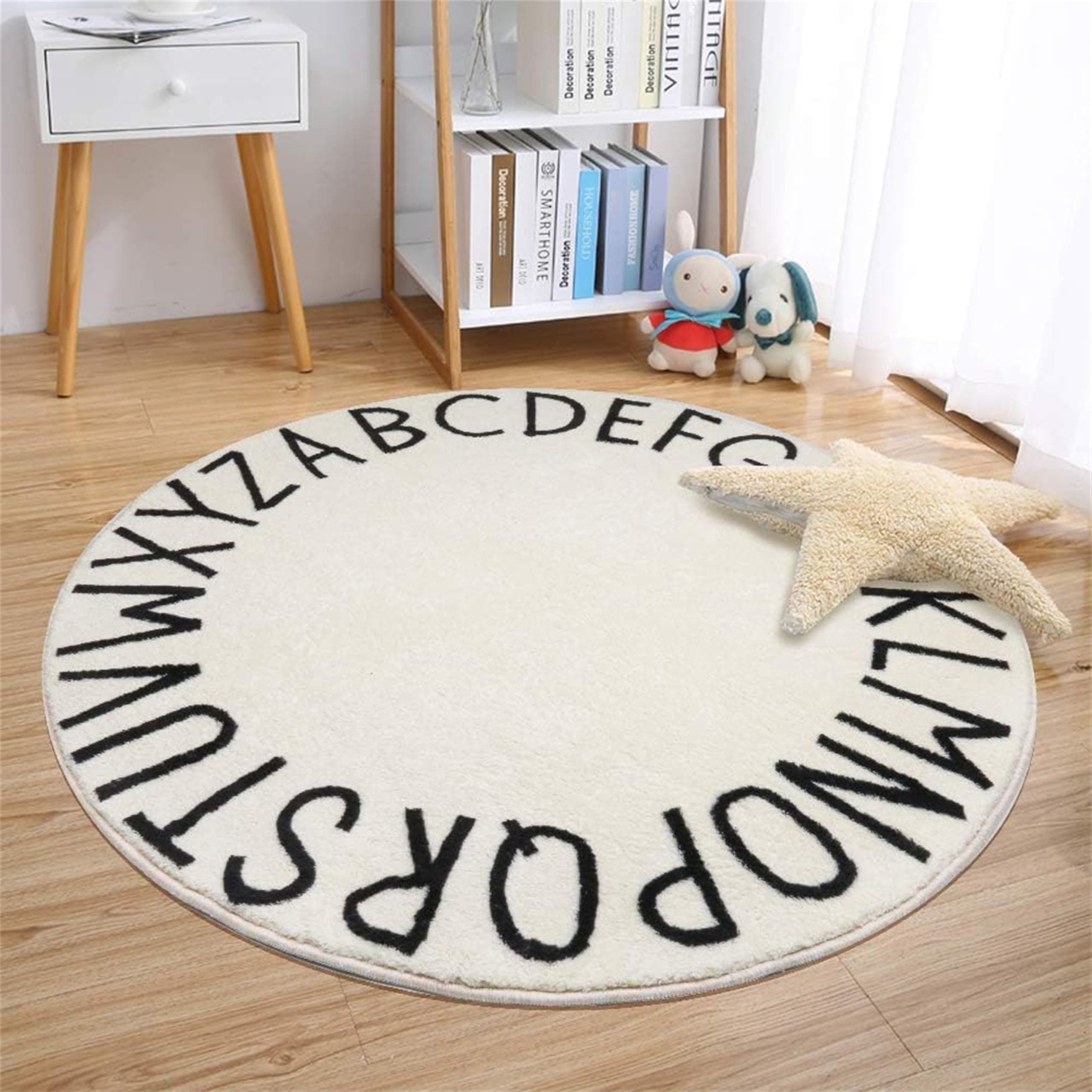 ABC Children's Round Rugs 2.6ft Toddler Toddler Floor Mats Alphabet Learning Rugs Soft Durable Non-Slip Play Mats Nursery Area Rugs Beige and Black Alphabet Bedroom Round Rugs Children's Room Rugs