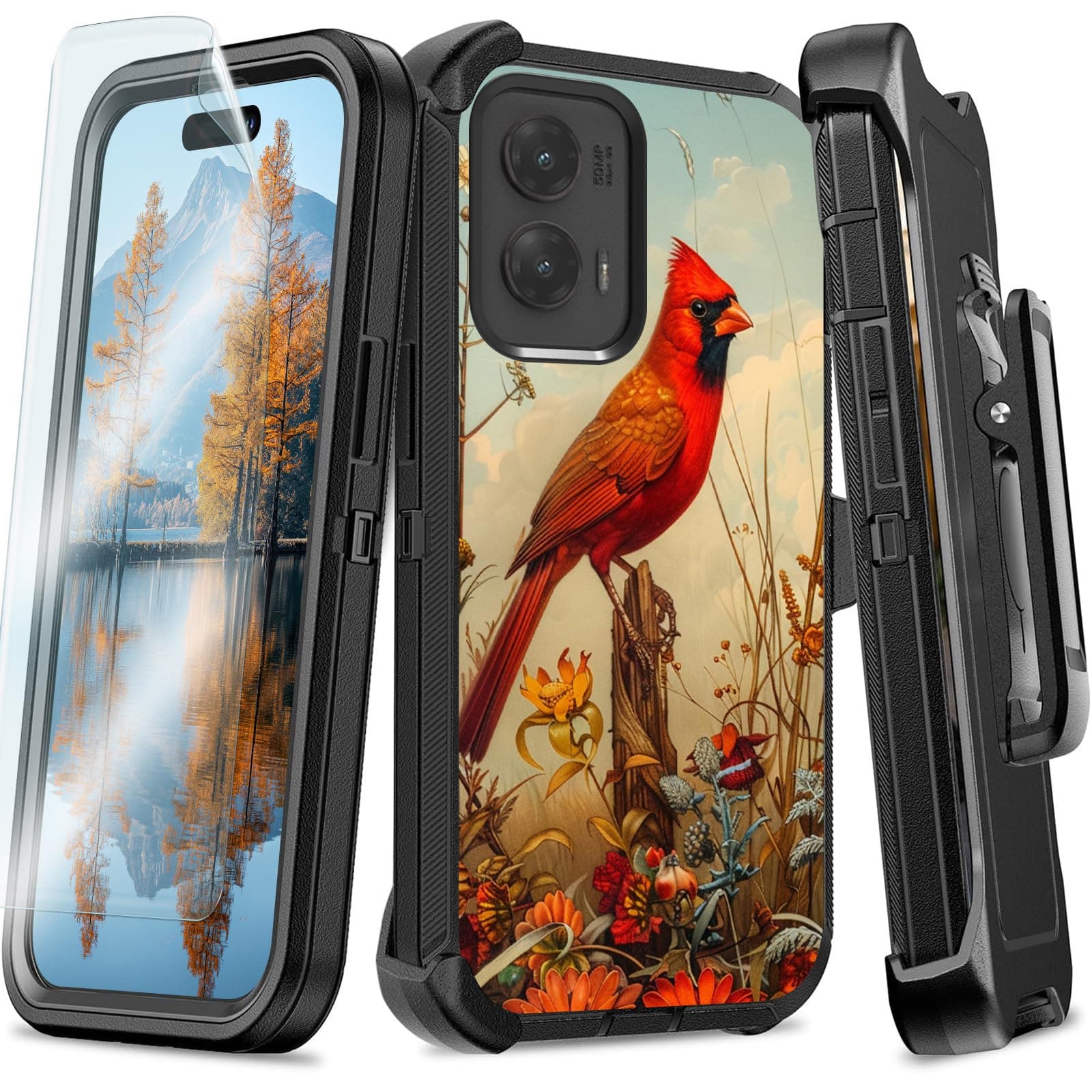 Case for Motorola Moto G Play 2024 with Belt Clip Holster, Kickstand & Screen Protector, Double Layer Rugged Durable Drop-Resistant Heavy Duty Protection Case for G Play 2024, Red Bird