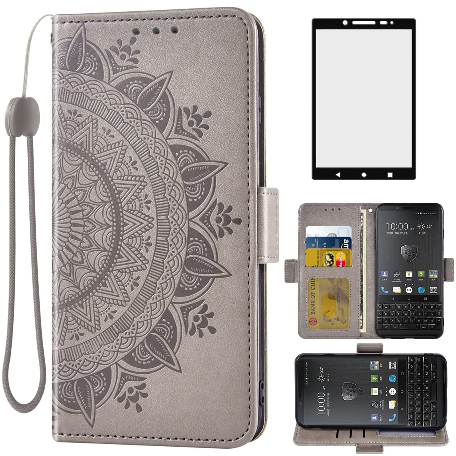 Asuwish Compatible with BlackBerry KEY2 Wallet Case Tempered Glass Screen Protector Credit Card Holder Flip Purse Accessories Wrist Strap Stand Cell Phone Cover for Key 2 Two KEYtwo Men Grey
