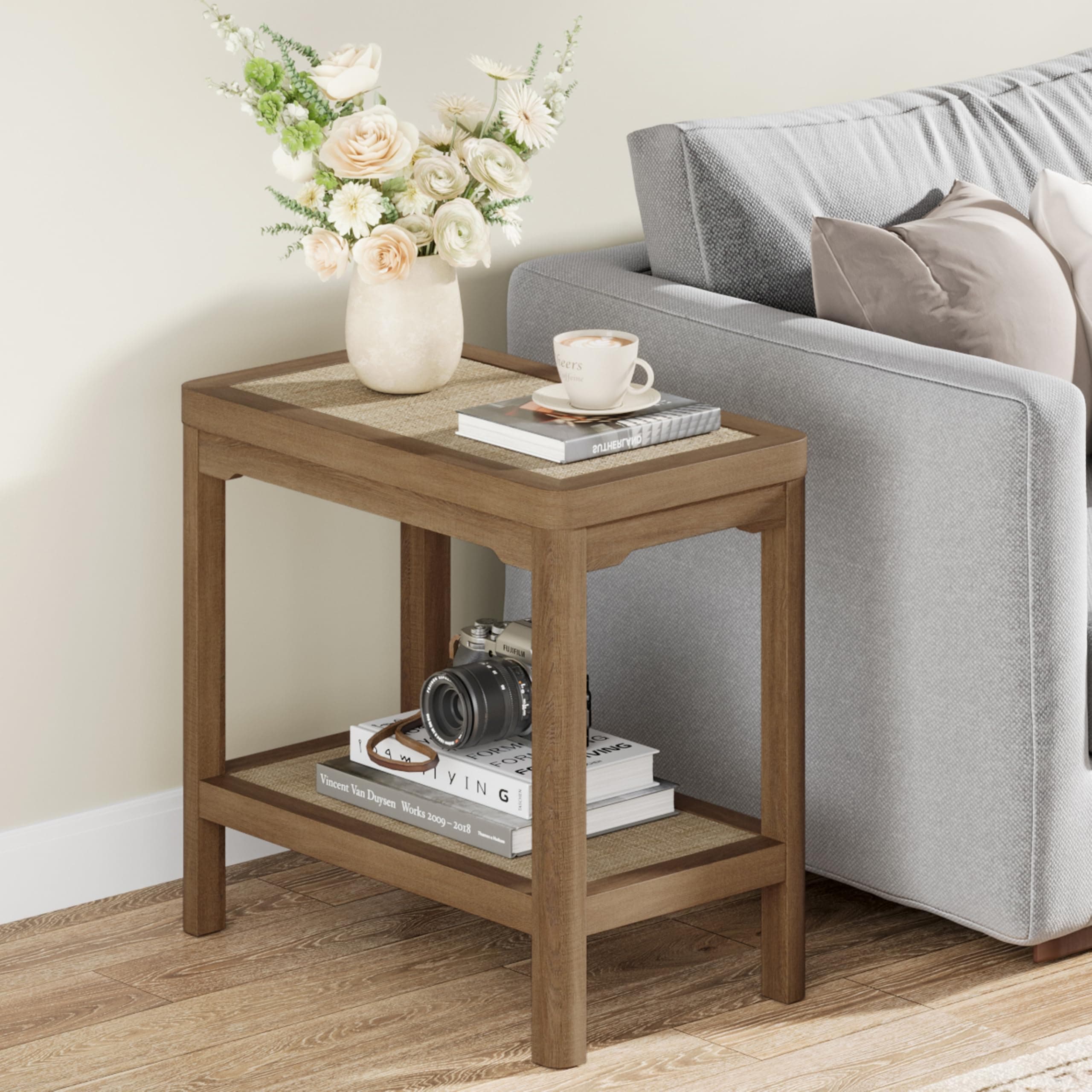 Eclatara Rattan Side Table End Table with Round Edge Design