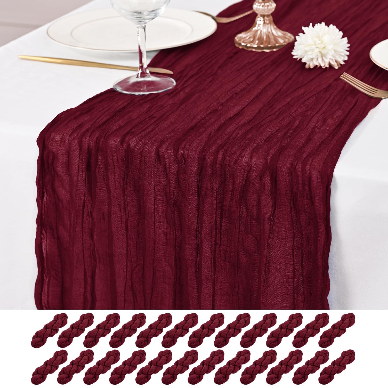 24 Pack Burgundy Table Runner 10Ft Cheesecloth Table Runner Rustic Gauze Table Runners Romantic Long Sheer Fabric Cheese Cloth Table Runners for Wedding Party Bridal Baby Shower