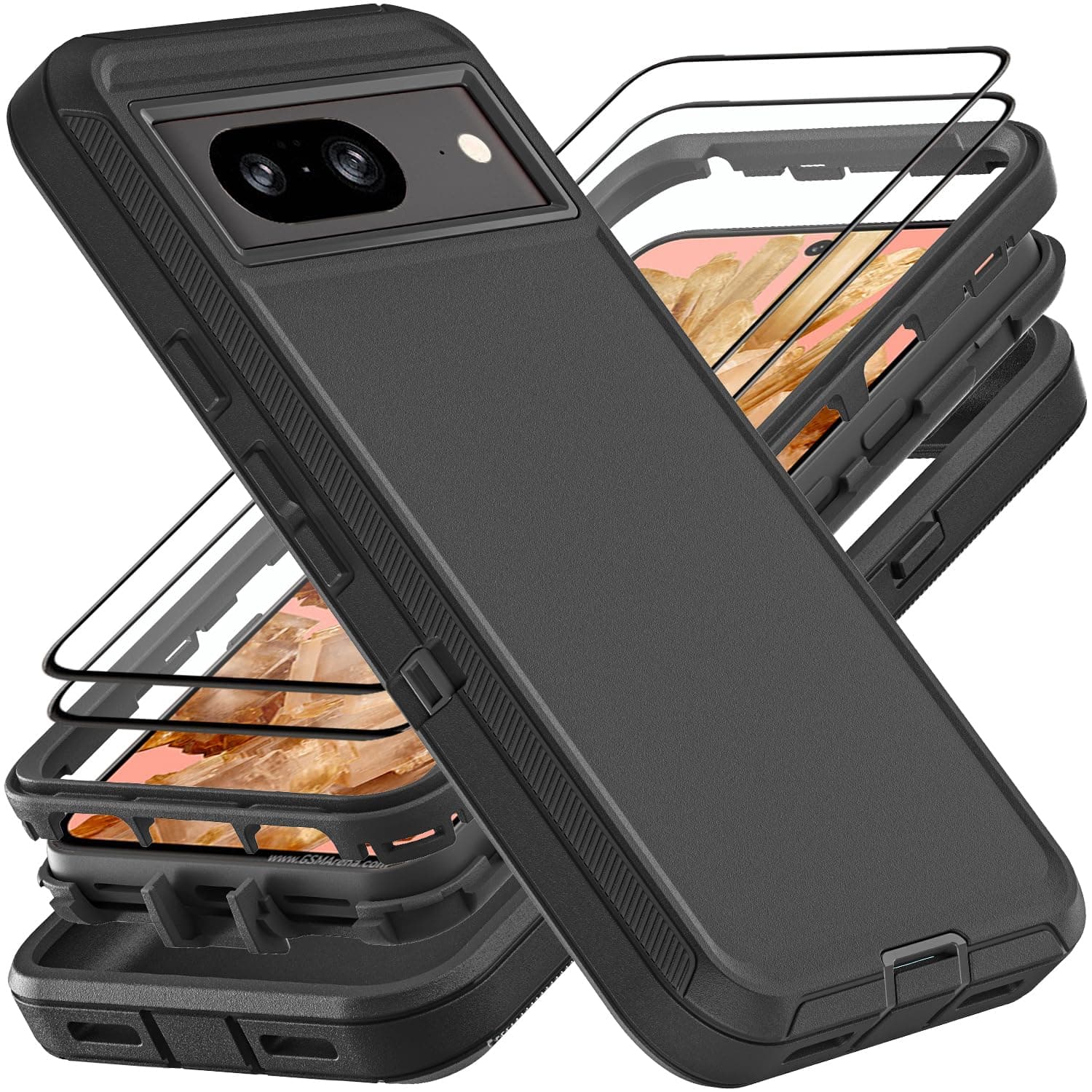 YKHJKLEC for Google Pixel 8 Case, Military Grade 3 in 1 Heavy Duty Shockproof/Drop Proof/Dust Proof Case with 2Pcs Tempered Glass Screen Protector (Black/Black)