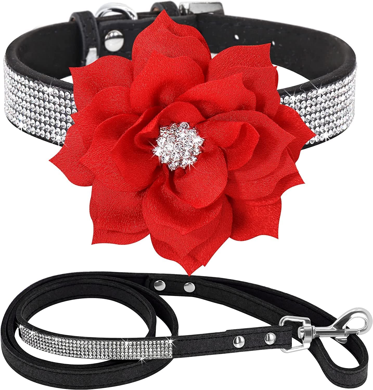 Haoyueer Cute Dazzling Sparkling Elegant Fancy Soft Suede Leather Bling Rhinestone Crystal Jeweled Pet Cat Dog Puppy Collar Dog Leash Combo Set (Black7, XXS)