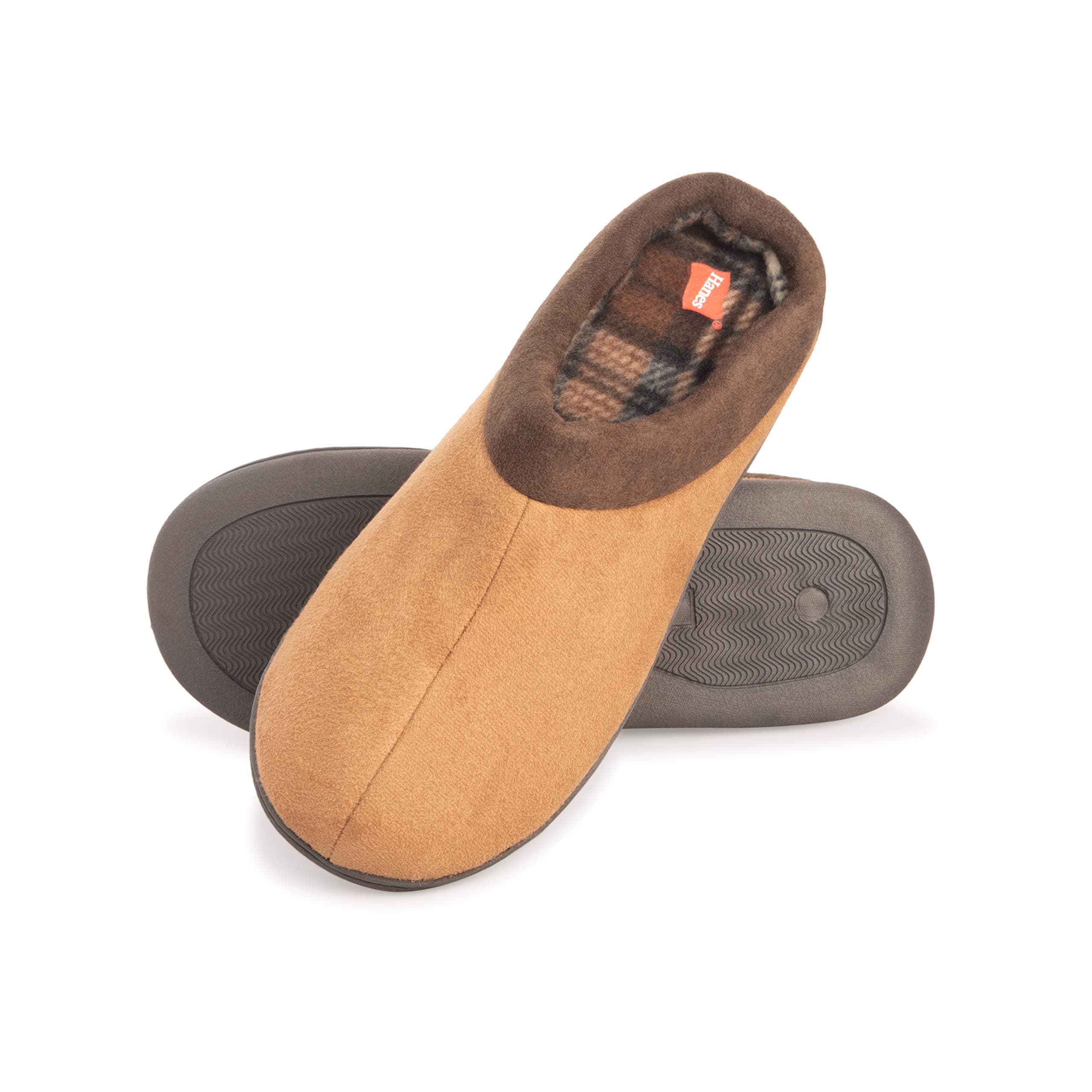 Hanes Men's Memory Foam Indoor Outdoor Microsuede Clog Slipper Shoe with Fresh Iq, Tan, L