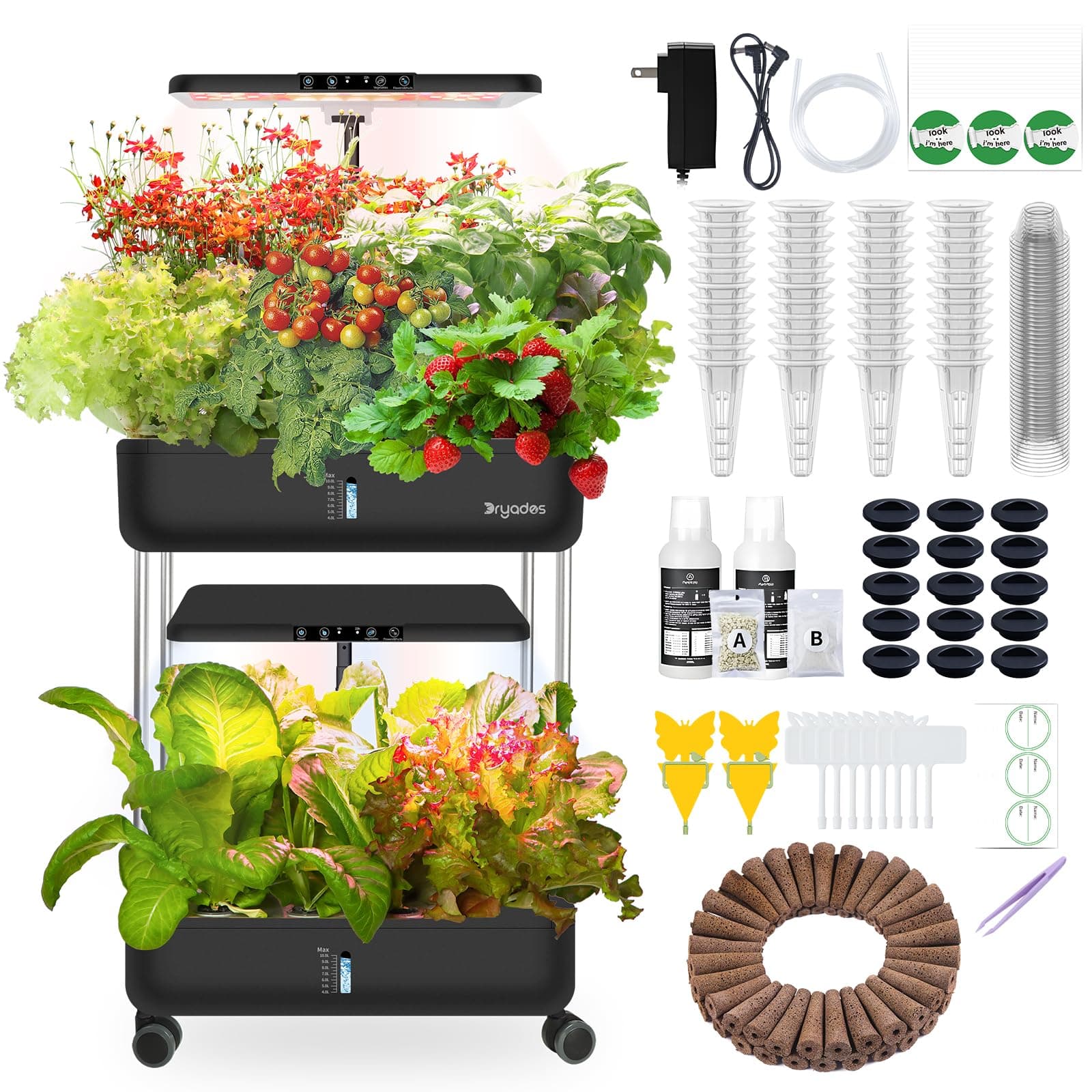 44 Pods Hydroponics Growing System, DRYADES Dual Layers Indoor Garden with LED Full Spectrum Grow Light, 2 × 13.3L Water Tanks, Height & Angle Adjustable, Professional Smart Plant Germination Kits