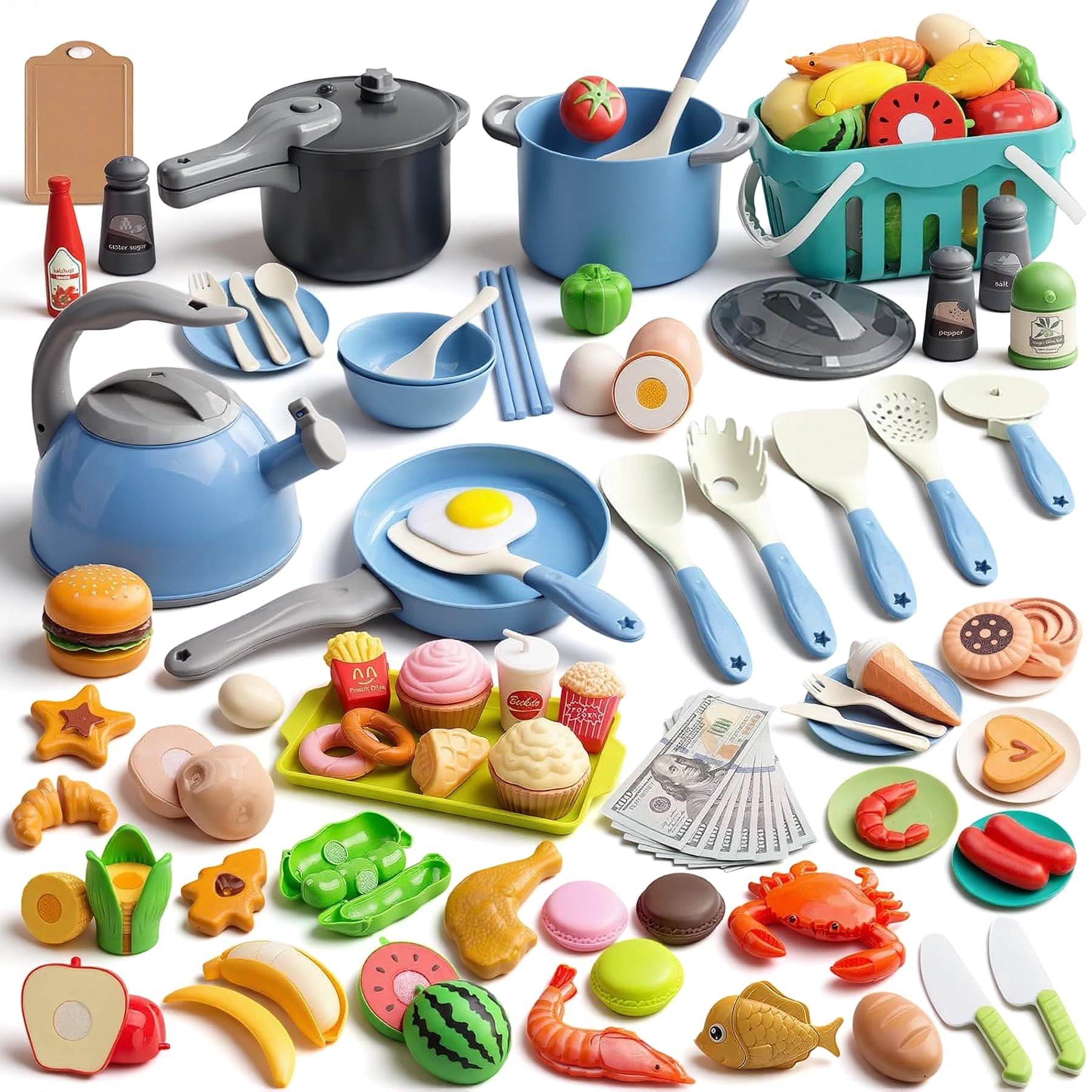 Funpynani 130Pcs Kitchen Playset, Toddler Pretend Cooking Play Pots, Pans, Utensils Cookware, Daily Food Fruit Veges, Shopping Storage Basket, Dessert, Prop Money, Learning Gift for Child (Blue)