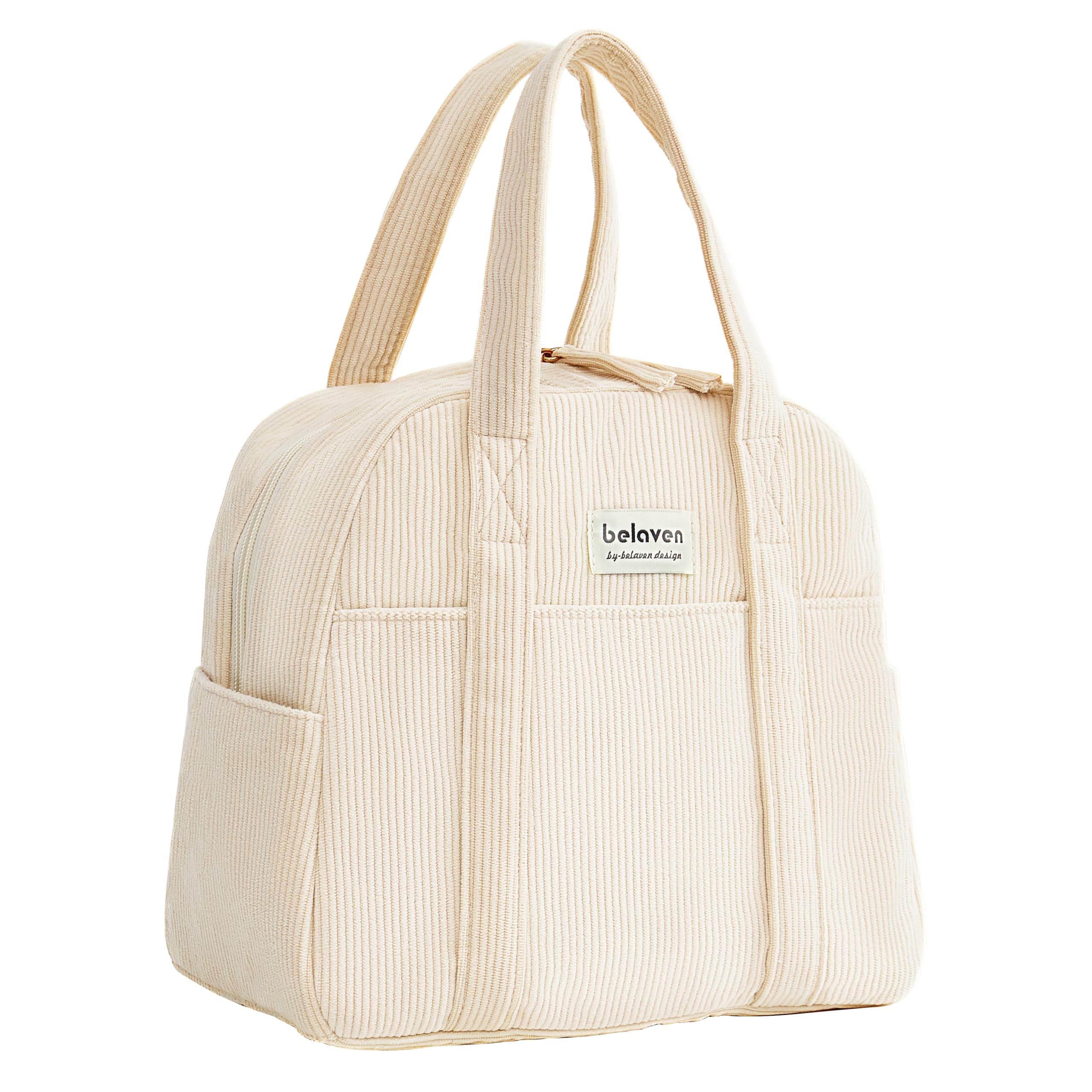 Belaven Insulated Lunch Bag for Women, 6-Hour Cold Retention Cooler Tote with Sturdy Handle, 15-Can Spacious Capacity, Leakproof Corduroy Fabric & Aluminum Foil Lining, (Beige)