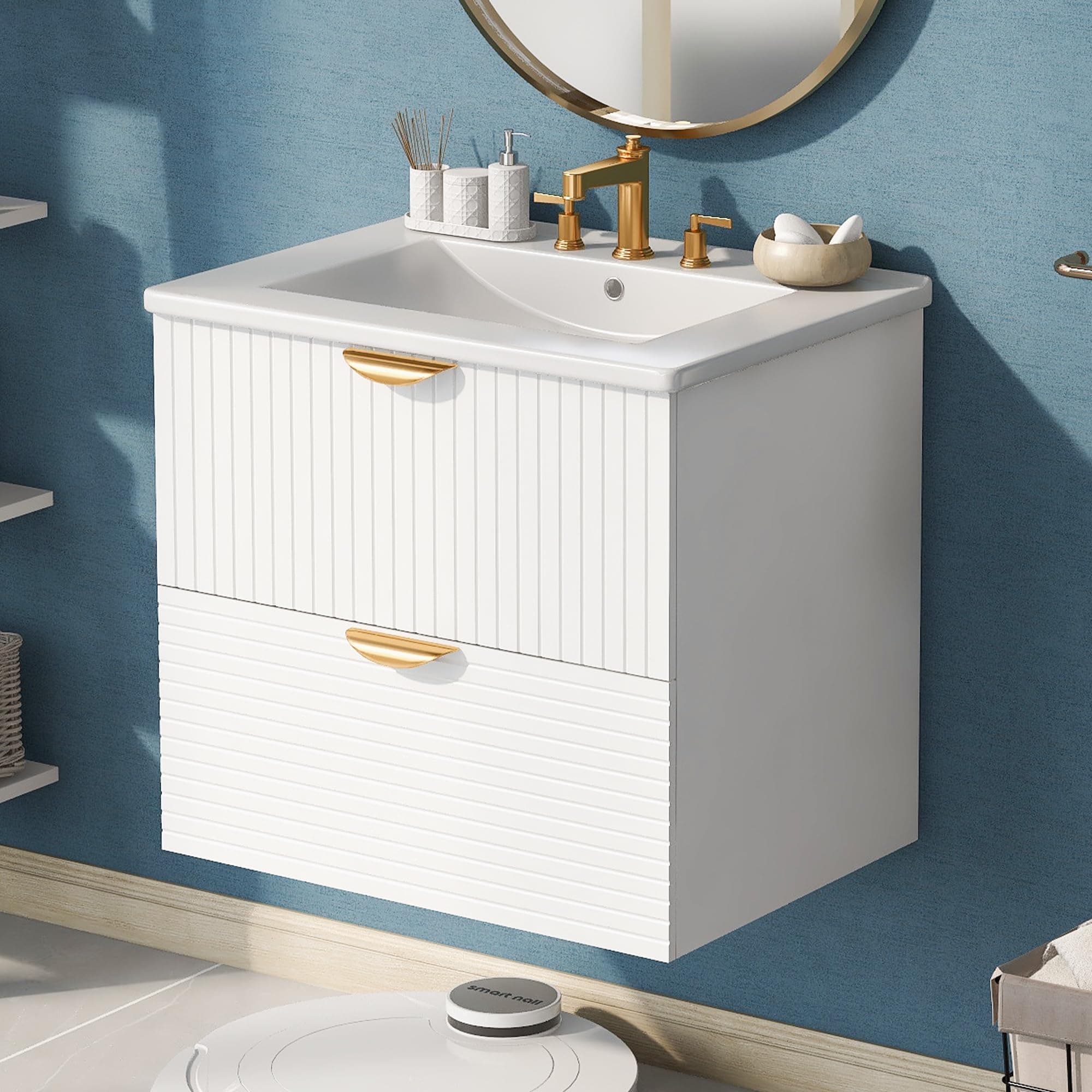 24-Inch Wall-Mounted Bathroom Cabinet, Modern White Storage Cabinet with 2 Drawers, Gold Handles, Space-Saving Floating Bathroom Organizer for Small Bathrooms, Easy Assembly, Sturdy Engineered Wood