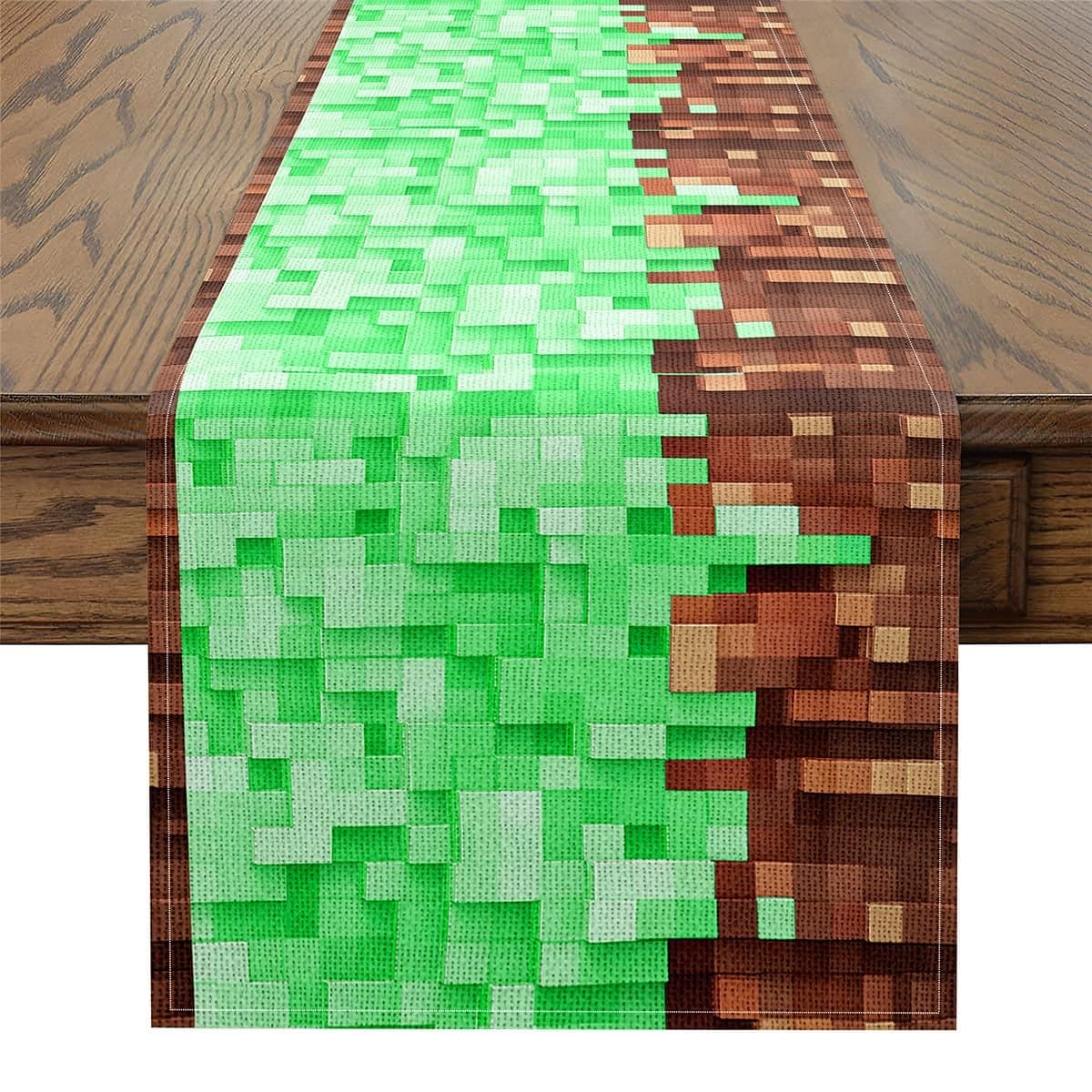 jejeloiu 13" x 72" Pixel Table Runner, Gaming Kitchen Dining Decoration for Home Party, Green and Brown Home Decor for Living Room Dresser Scarfs for Bedroom