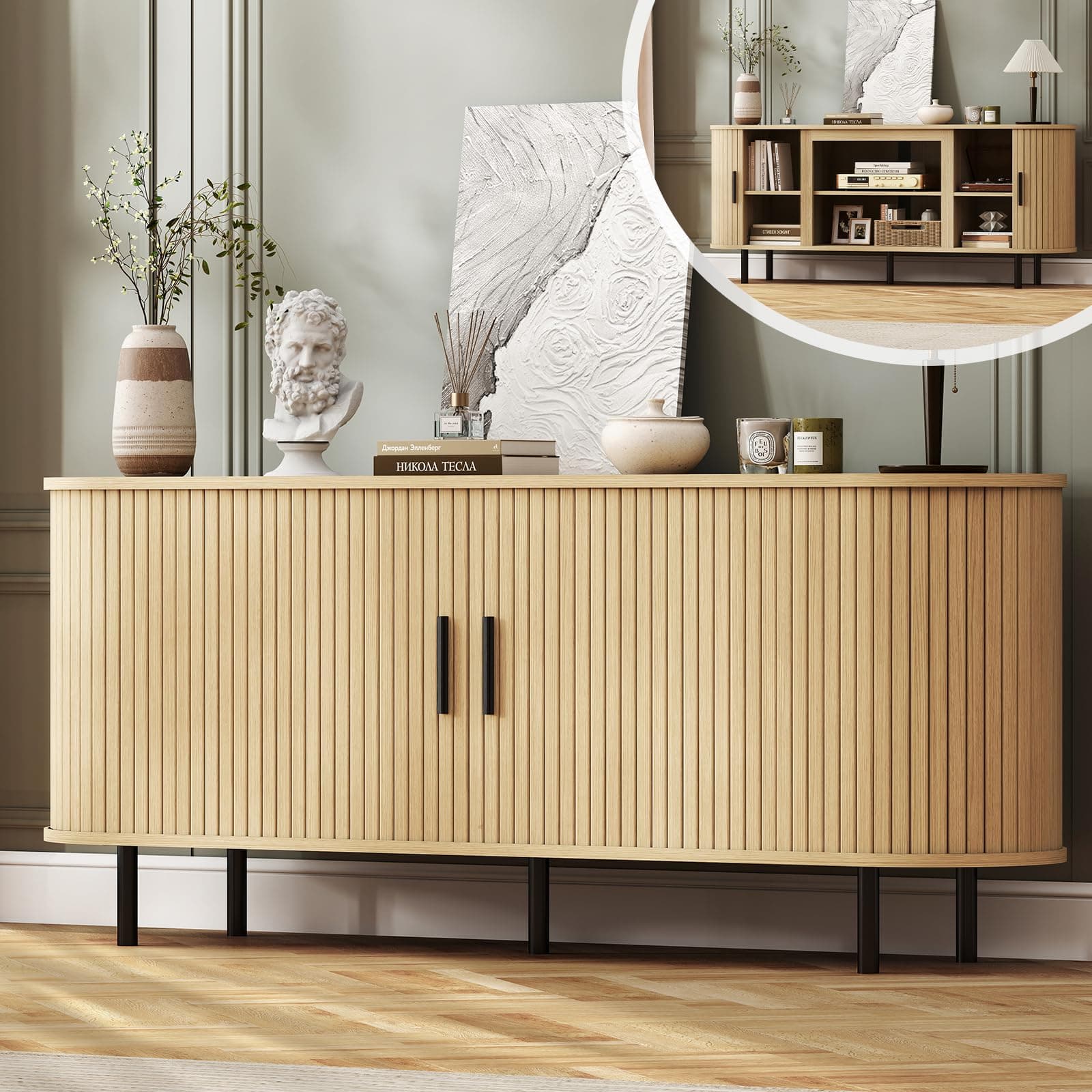BREEZEHEAT 65'' Mid Century Fluted Modern TV Stand-Curved TV Cabinet with Storage, Sliding Doors & Adjustable Shelves-Entertainment Center for TVs Up to 75'', Natural Oak Media Console for Living Room