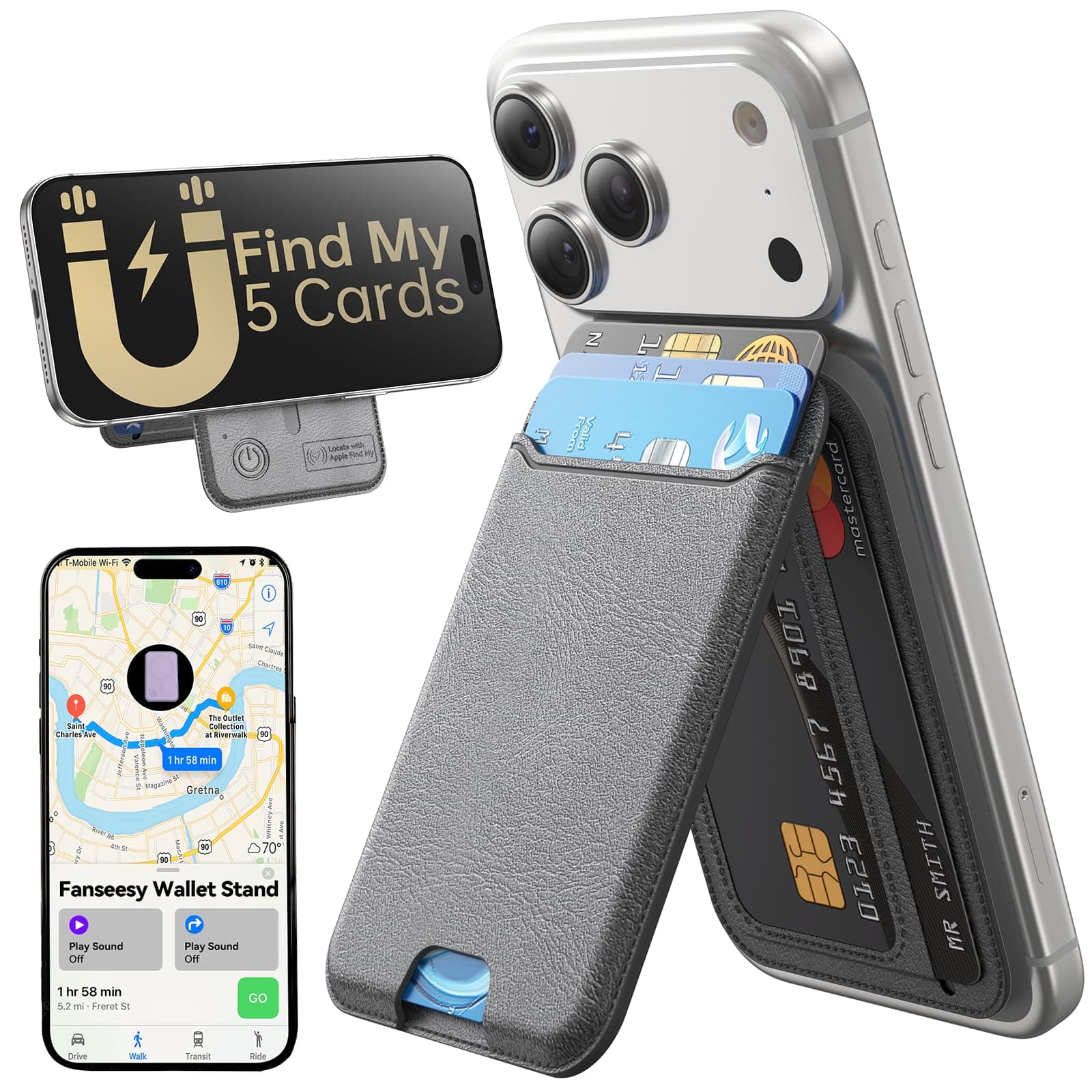 Fanseesy for MagSafe Wallet, Works with Apple Find My,5 Card Holder with Stand, Magnetic Phone Wallet Stand for iPhone 17/16/15/14/13/12 Pro Max Air Plus, RFID Blocking Vegan Leather,Dark Grey