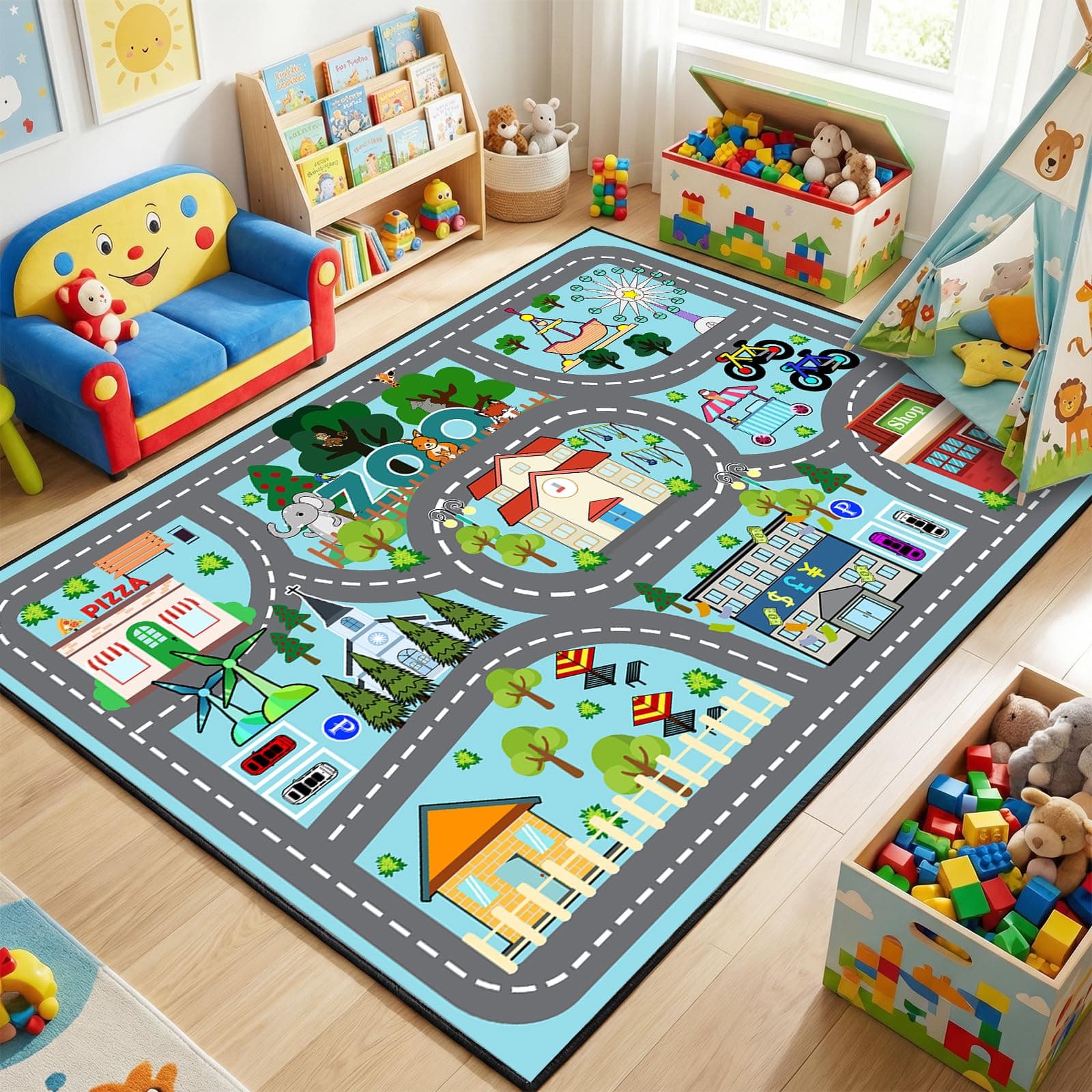 Car Rugs for Kids Toy Cars - Road Rug for Kids - Car Track Rug for Boys Room Kids Carpet Playmat Rug, Car Rug for Kids City Rug Blue Rug for Bedroom Playroom Car Traffic Road Rug, 4.5x6 Feet