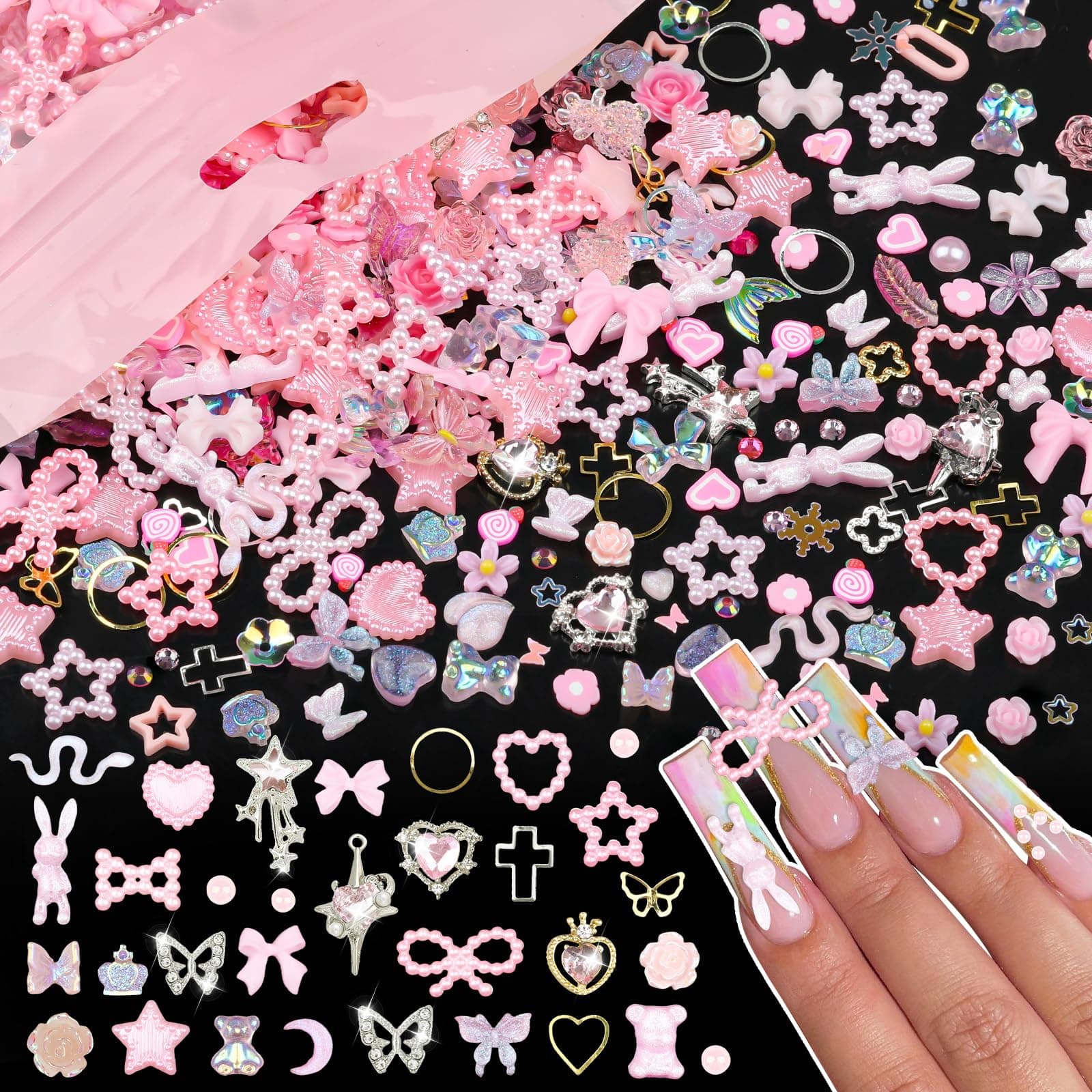 kikonoke 600Pcs Cute Pendants And Gemstones 3D For Nails, Pink Rabbit Bow Pendants Alloy Butterfly Heart Star Nail Jewelry With Rhinestone For Nails, Gold Nail Pendants