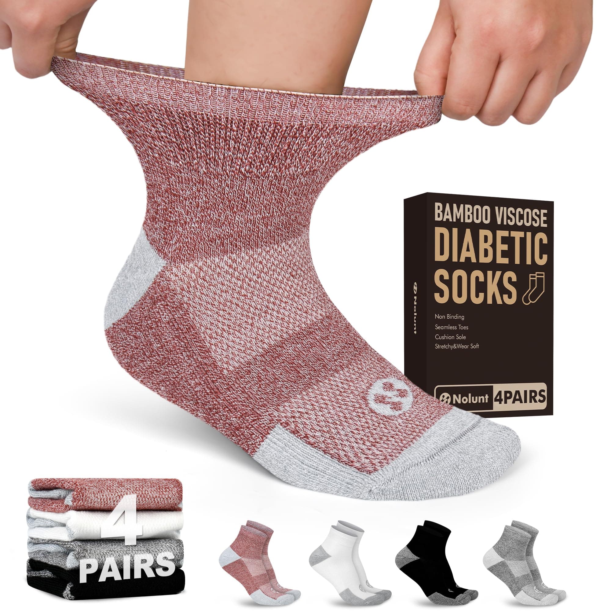 NOLUNT Diabetic Socks for Men,4 Pairs Ankle Diabetic Neuropathy Socks for Men 9-12 10-13(White+Black+Dark Grey+Deep Brown-Mudium)