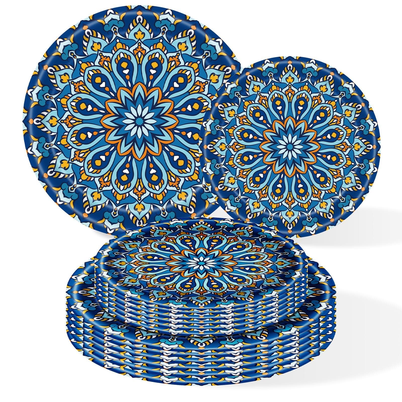 ZULYSTO 100 Pack Bohemian Style Paper Plates Disposable for Party Plastic Dinner Wedding (100pcs (50×7 Inch & 50×9 Inch) Paper Plates-Blue, 100pcs (50×7 Inch & 50×9 Inch))