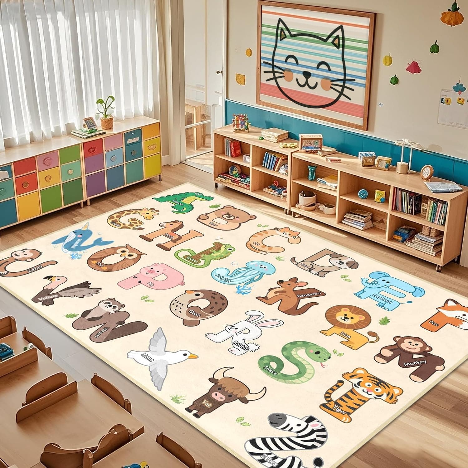 FTBNIQWRHN Kids Rugs for Playroom - 5x7 Feet Alphabet Rug for Classroom Educational Learning Animals, Preschool Rug Toddler Children Bedroom Nursery Kindergarten Decor, Beige