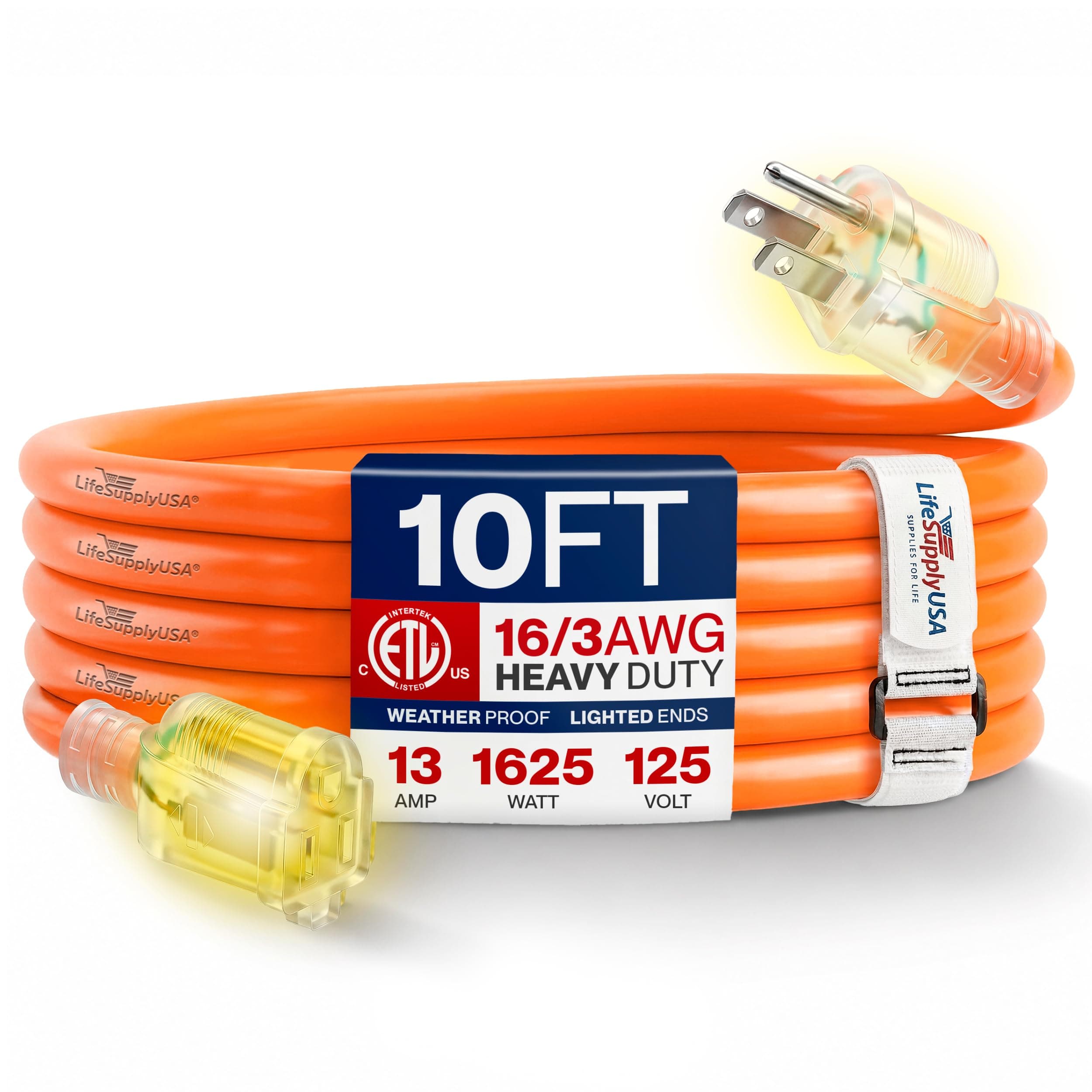 10ft Outdoor/Indoor Extension Cord 16/3 Gauge Heavy Duty 3 Prong SJTW, Waterproof, ETL Listed, Flexible Cold-Resistant Long Power Cord,13A 125V 1625W, Orange by LifeSupplyUSA