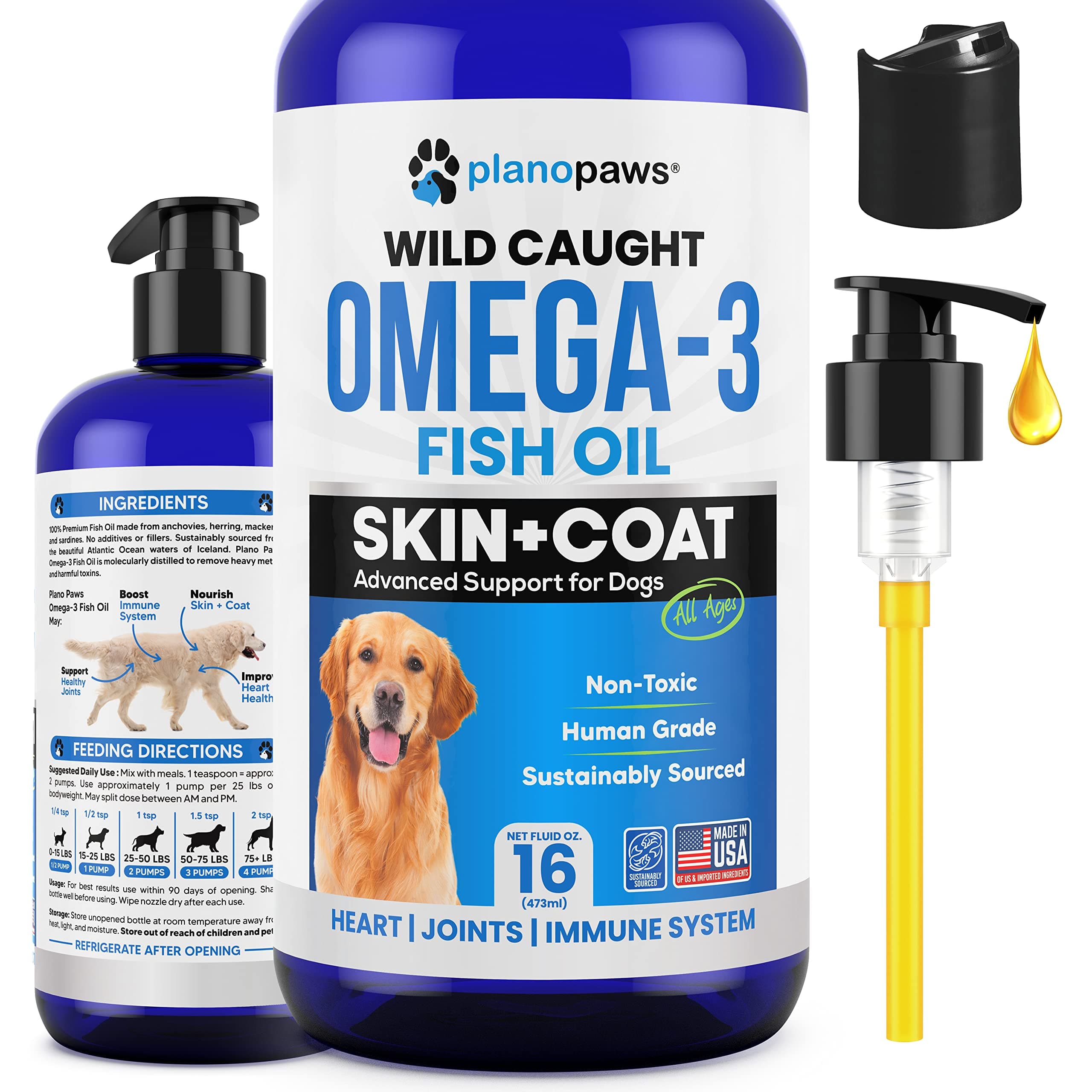 Omega 3 Fish Oil for Dogs – Liquid Fish Oil Supplement with EPA & DHA – Promotes Healthy Skin & Coat – Low Odor Formula – Easy Pump – for All Breeds & Life Stages