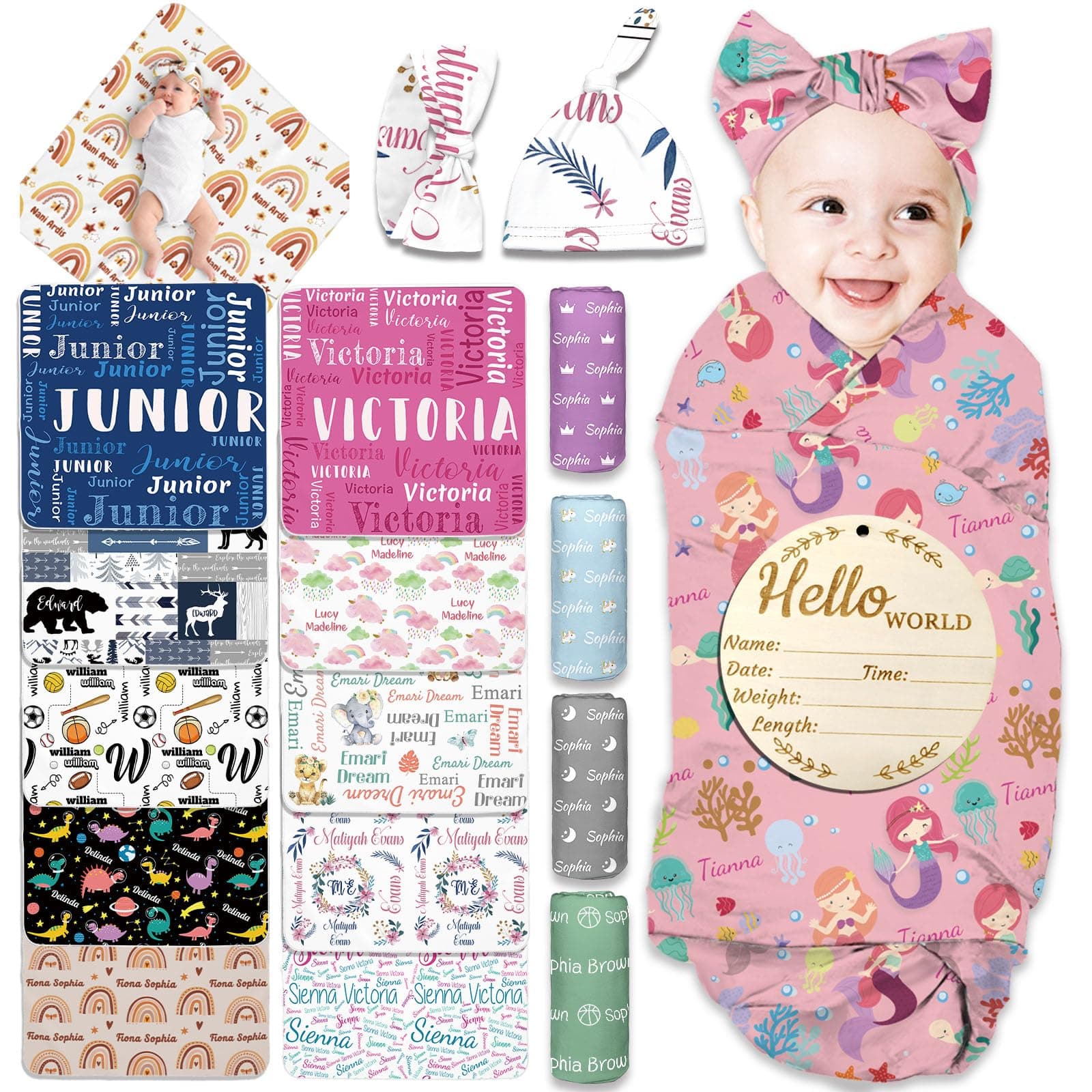 FwSYouMAI Personalized Baby Swaddle Blanket Girl Boy Custom Swaddle Set with Hat Bow with Name, Customized Newborn Receiving Shower Gifts