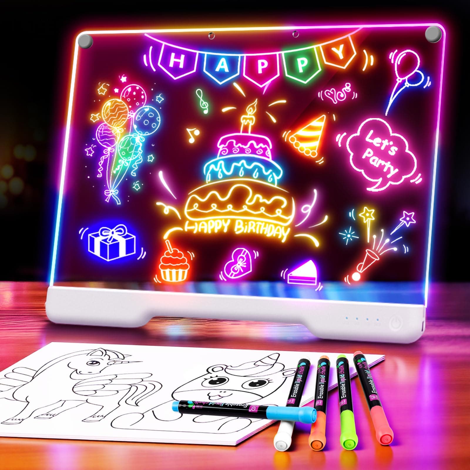16-Inch Rechargeable Doodle Glow LED Note Board, 7-Color Light Modes, Neon Art Dry Erase Light Up Drawing Pad with Built-in Stand, Sketching Gift Toy for Kids/Girls/Teens, 5 Markers & Tracing Book