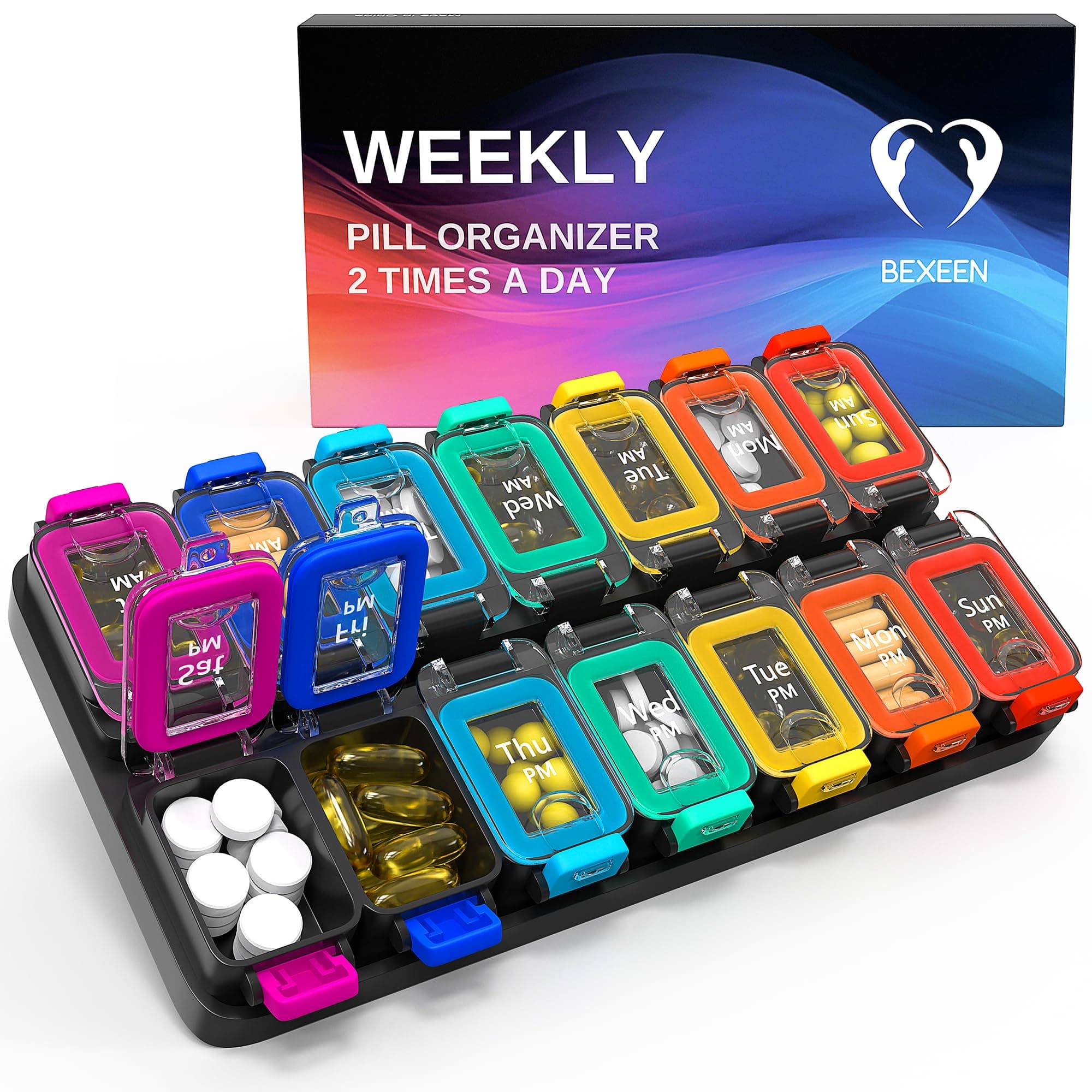 Weekly Pill Organizer 2 Times a Day – AM/PM Medicine Organizer with Thick Silicone Seal, Upgraded Secure Locks, Moisture-Proof Pill Box with Removable Rows for Easy Travel, Fits Large Supplements