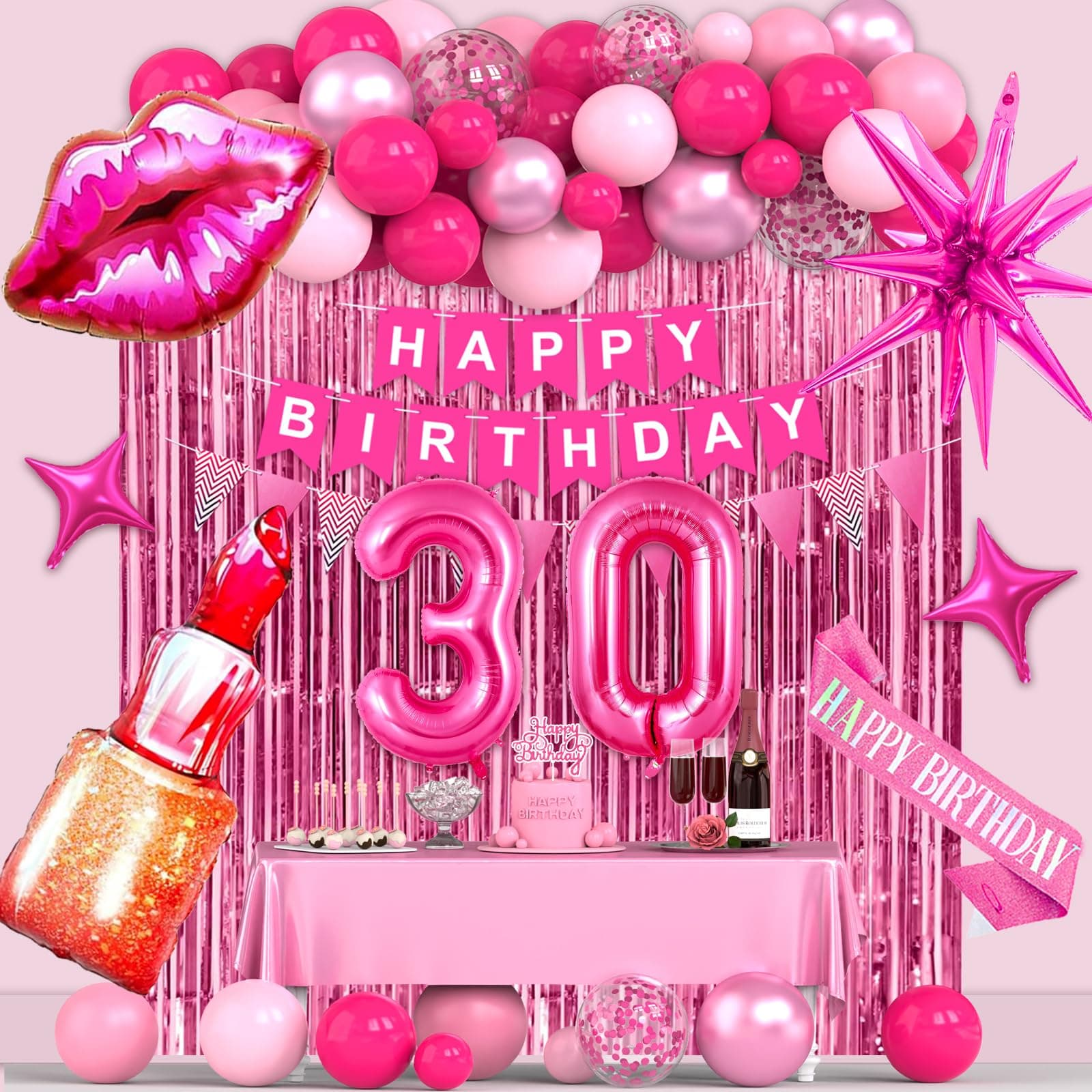 Miidenks 30th Pink Birthday Decorations, Hot Pink Party Supplies with Banner, Number Foil Balloon, Cake Topper, Fringe Curtain, Star Foil Balloons