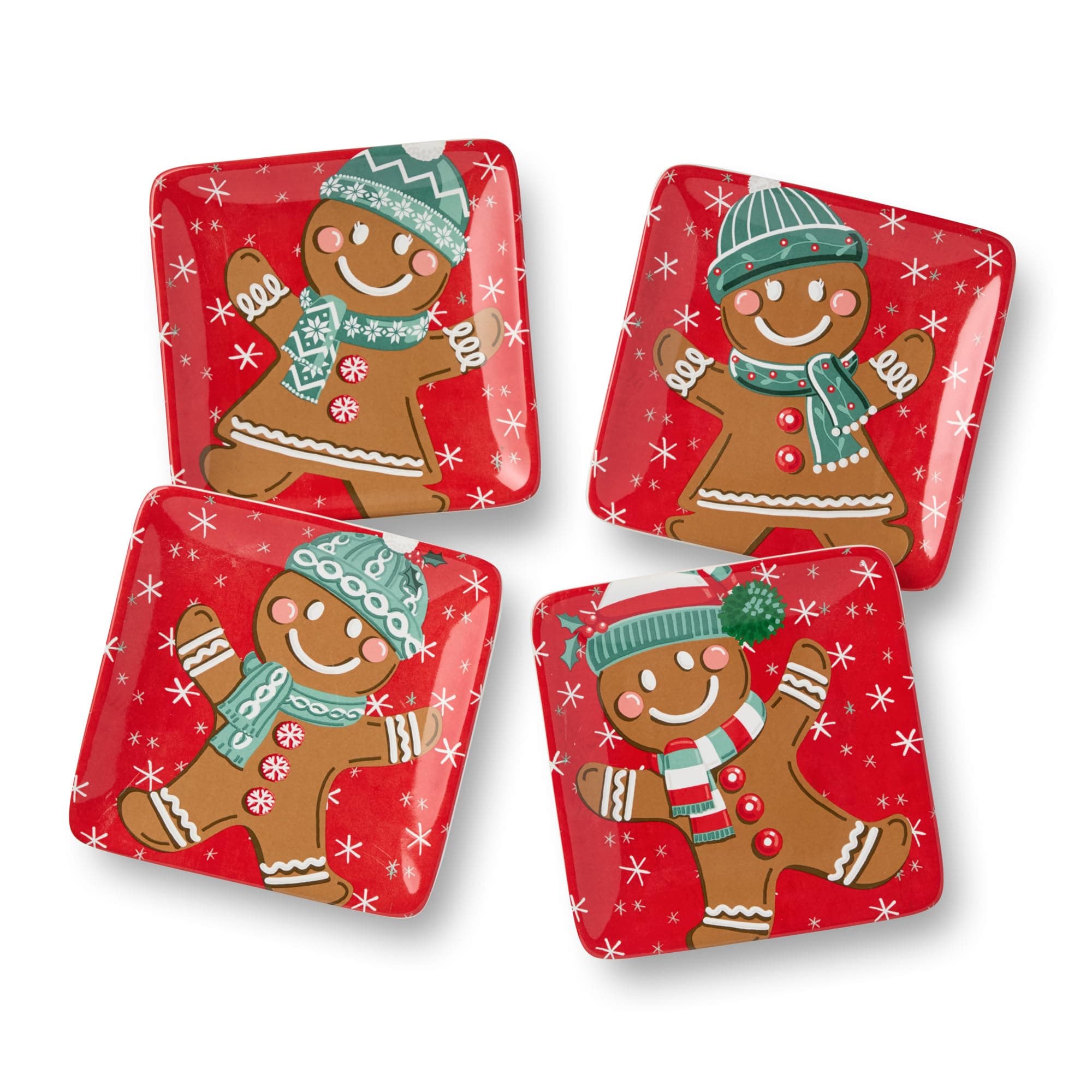 Christmas Whimsy Gingerbread 6" Canapé Plates, Set of 4 – Holiday Ceramic Appetizer Plates with Adorable Gingerbread Designs – Perfect for Snacks, Hors d'oeuvres, and Festive Entertaining