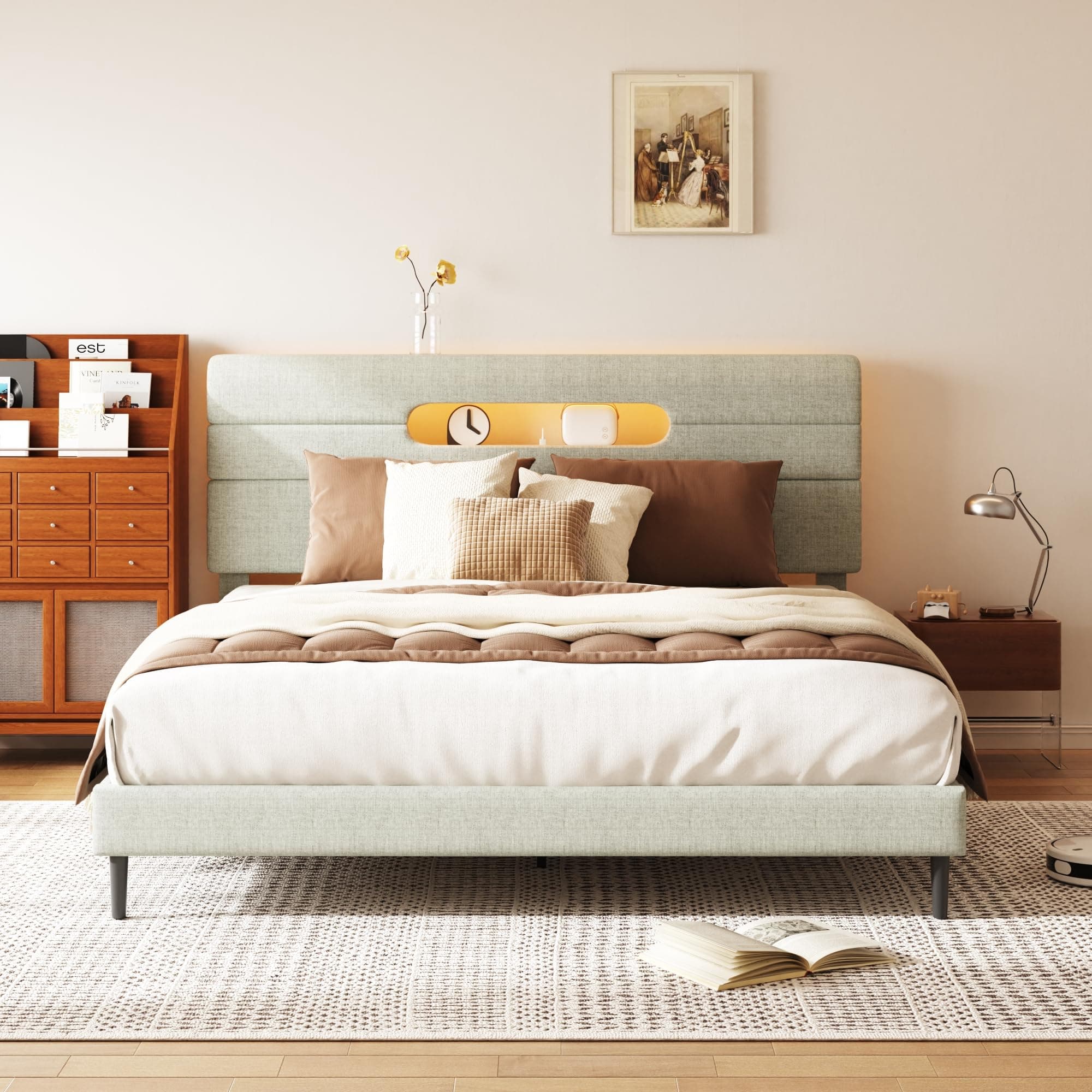 Sismplly Queen Bed Frame with Linen Headboard, Platform Bed Frame with Upholstered Headboard, Mattress Foundation, No Box Spring Required, Easy Assembly, Light Green
