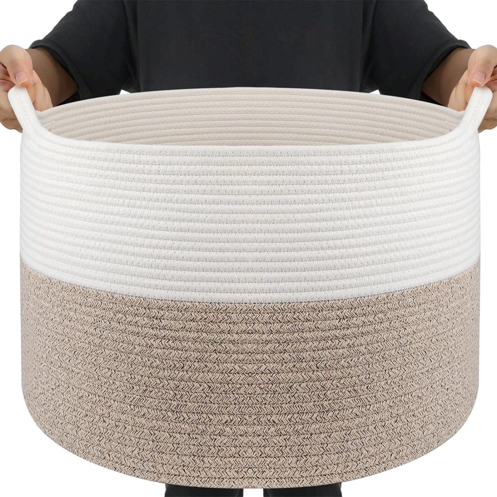 Throw Blanket Basket for Living Room, Extra Large Cotton Rope Basket for Storage, Woven Laundry Towel Hamper with Handles, Baby Toy Storage, 22" x 22" x 14" Pillow Bin